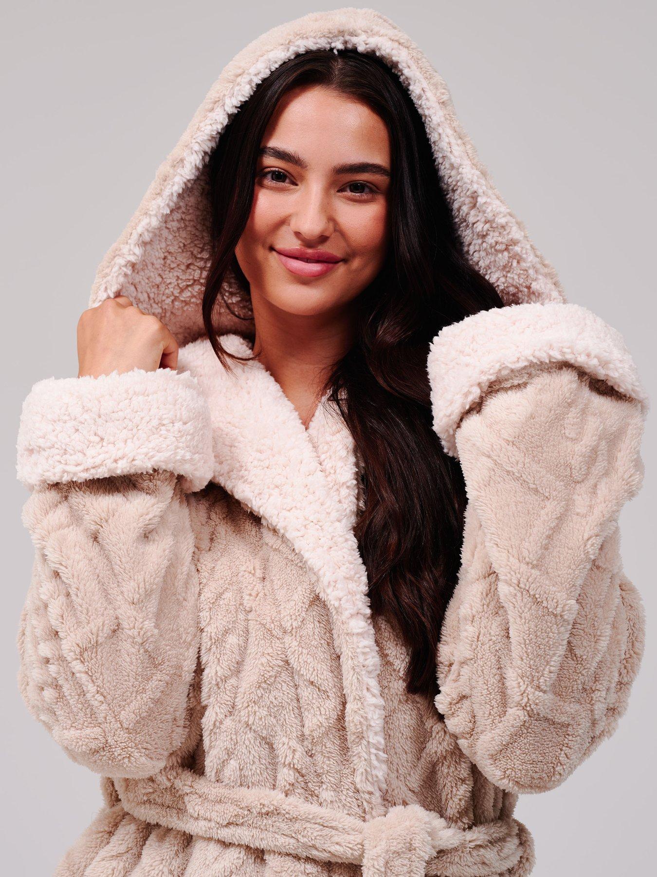 Image 5 of 6 of Loungeable Cable Cutwork Hooded Midi Dressing Gown - Beige