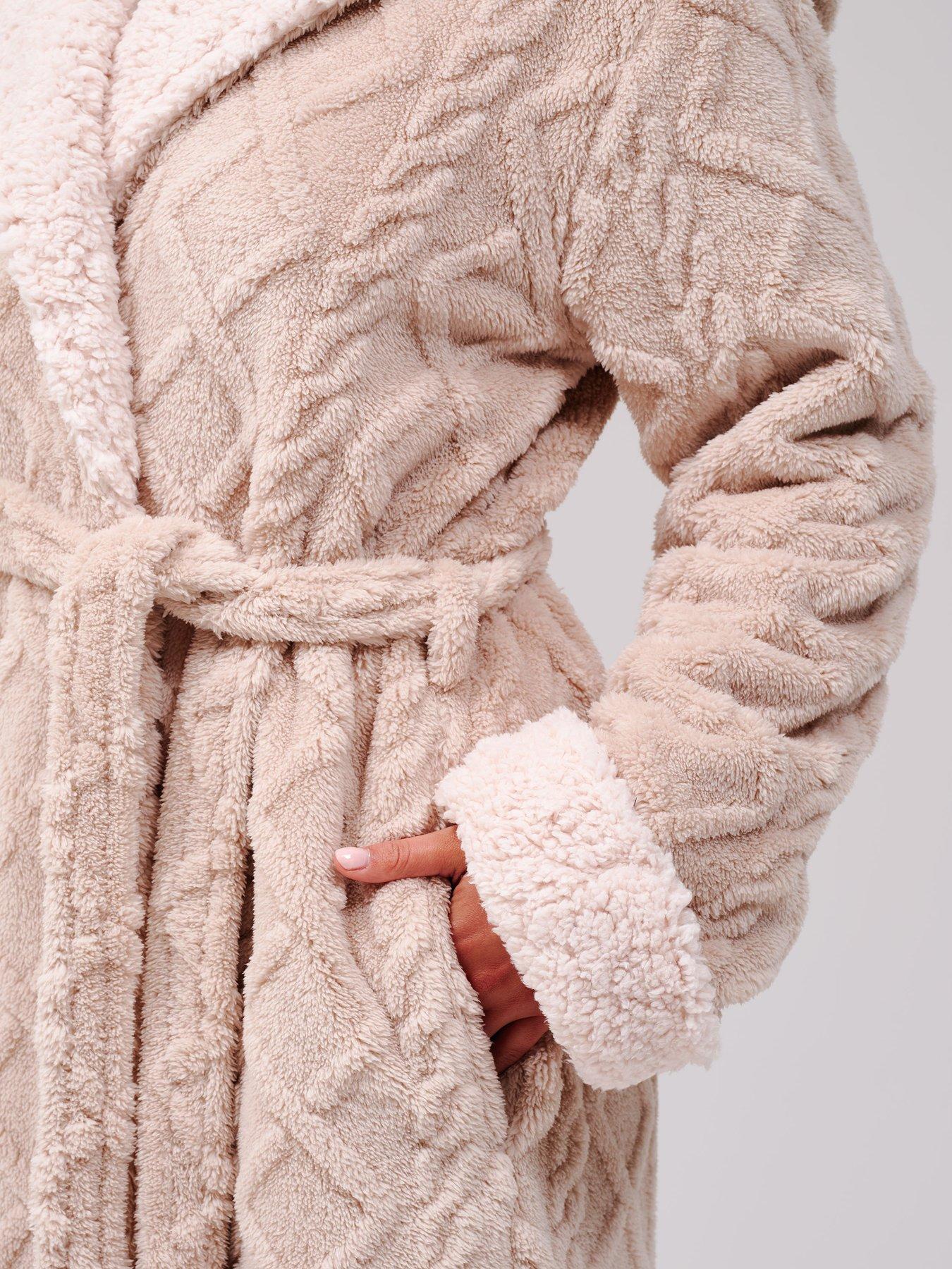 Image 6 of 6 of Loungeable Cable Cutwork Hooded Midi Dressing Gown - Beige