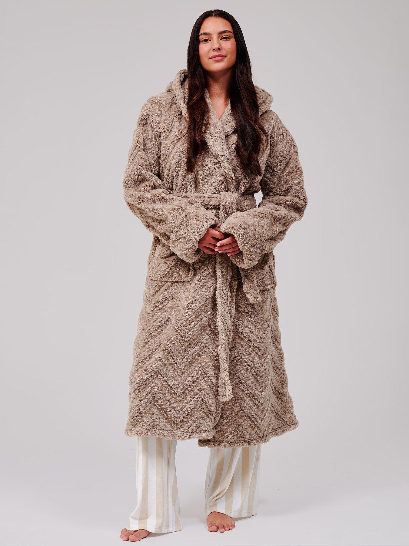 Loungeable Chevron Texture Midi Dressing Gown - Brown