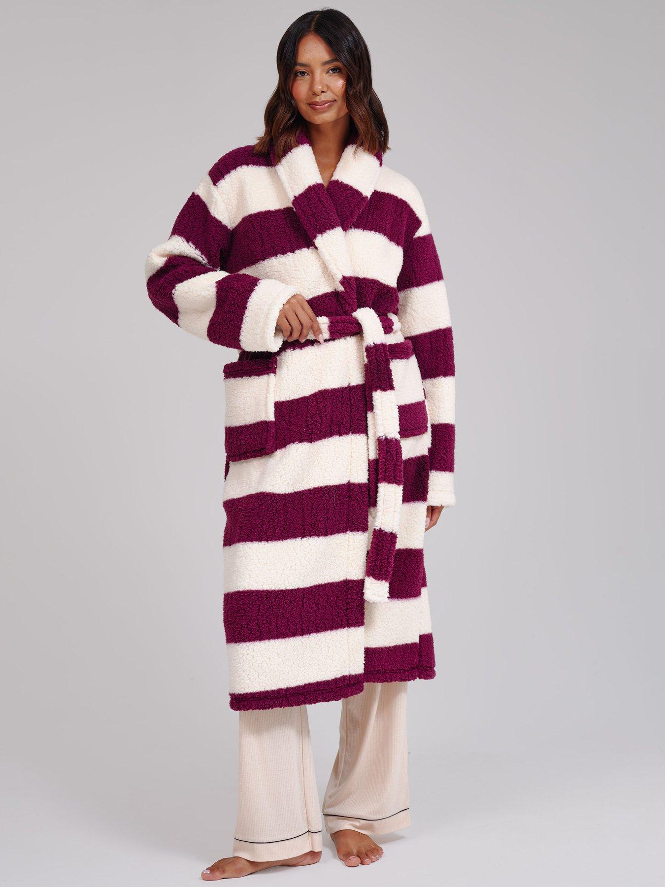 Loungeable Womens Hooded Borg Stripe Dressing Gown