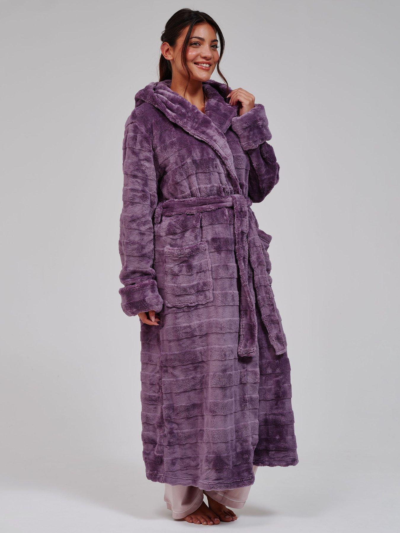 Image 1 of 5 of Loungeable Womens Embossed Stripe Hooded Maxi Dressing Gown - Purple