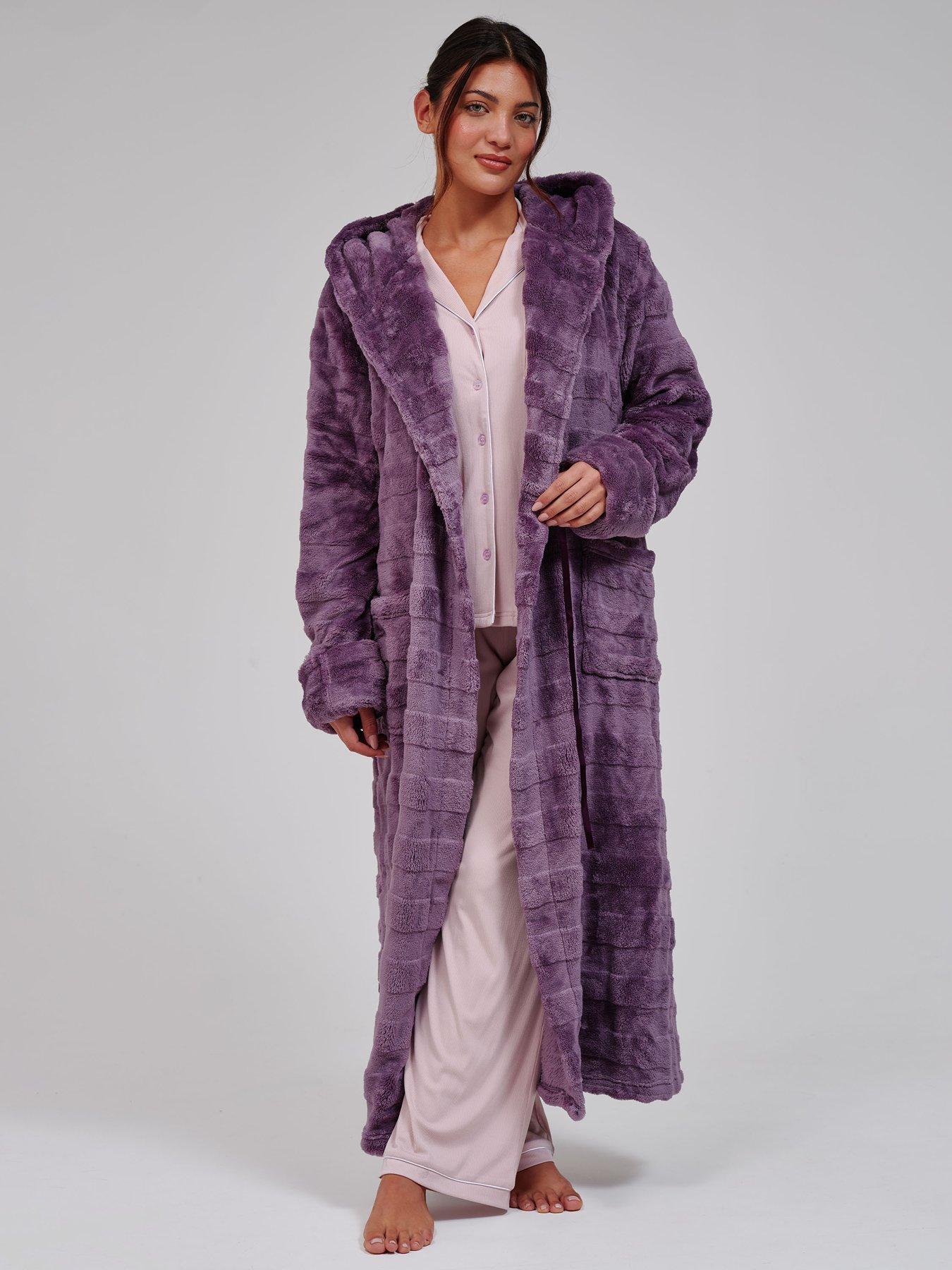 Image 3 of 5 of Loungeable Womens Embossed Stripe Hooded Maxi Dressing Gown - Purple