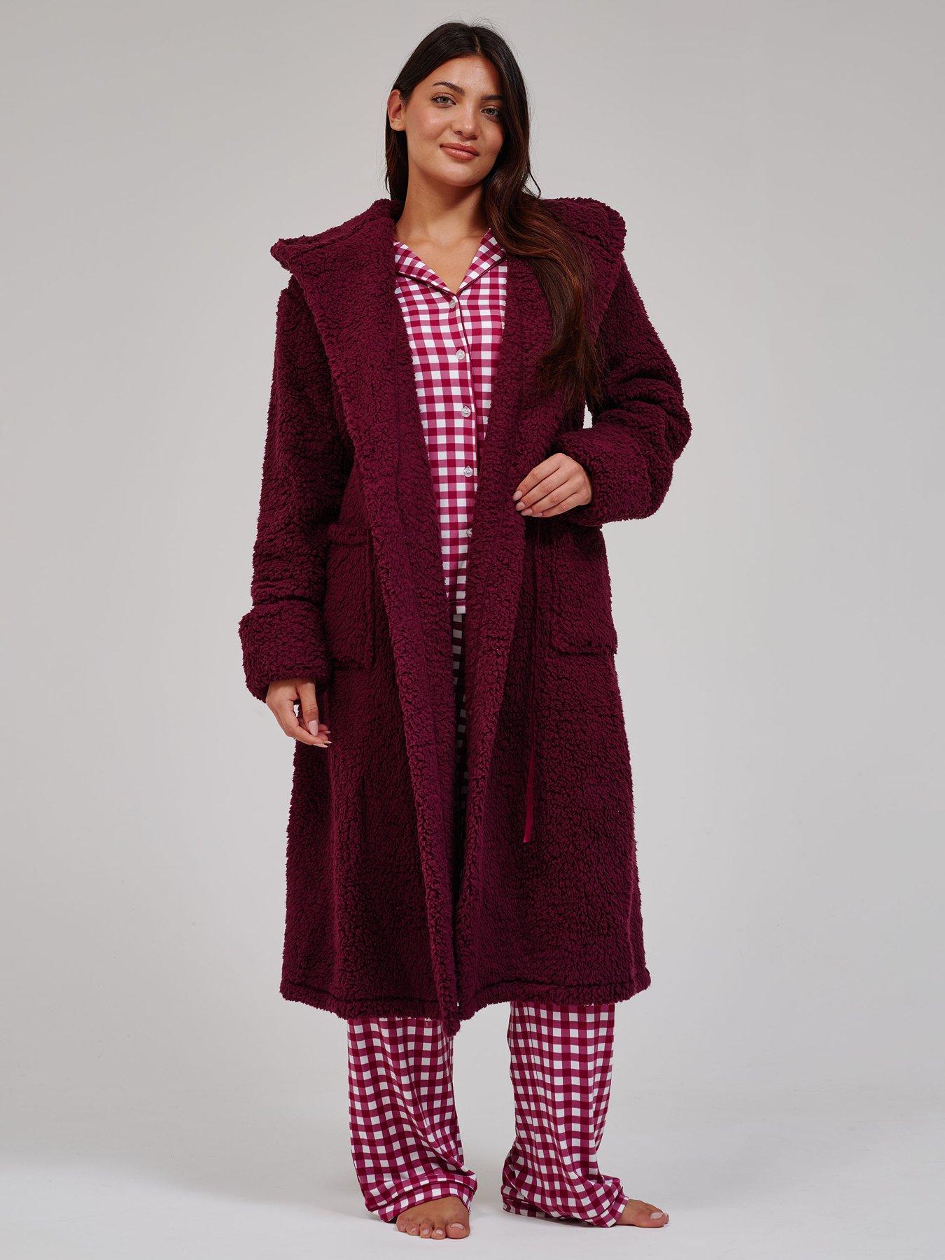 Image 1 of 5 of Loungeable Womens Chunky Sherpa Hooded Midi Dressing Gown - Purple