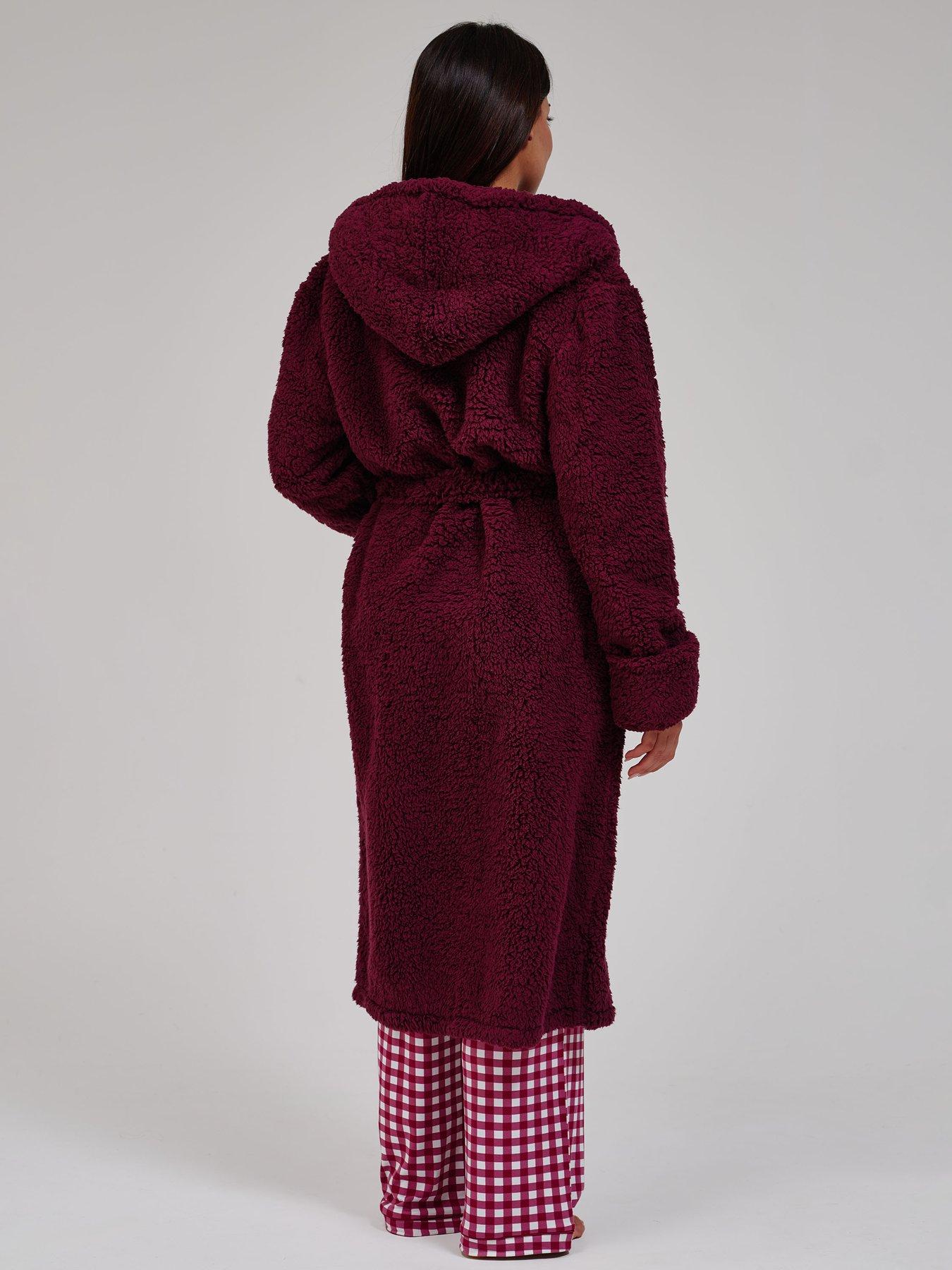 Image 2 of 5 of Loungeable Womens Chunky Sherpa Hooded Midi Dressing Gown - Purple