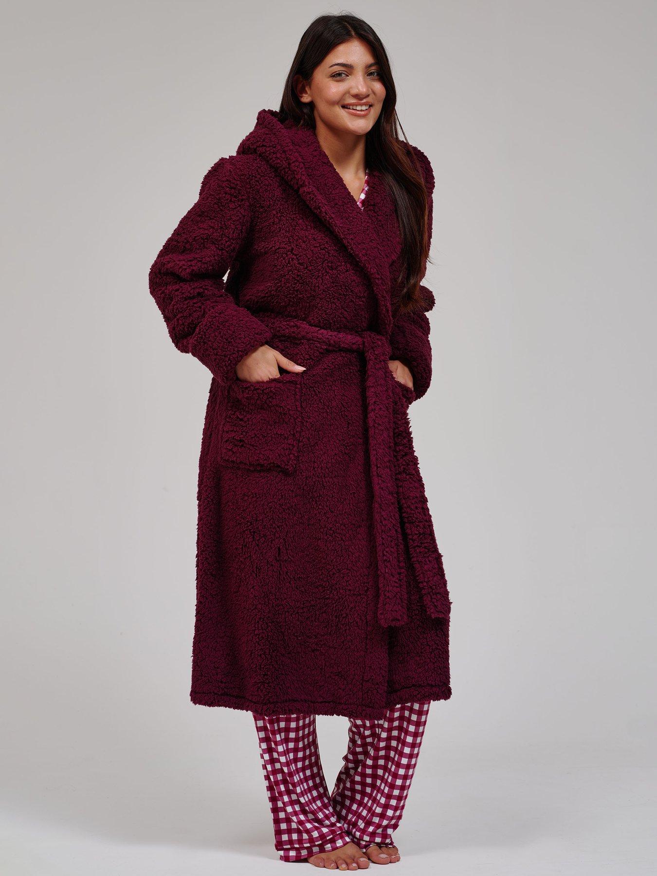 Image 3 of 5 of Loungeable Womens Chunky Sherpa Hooded Midi Dressing Gown - Purple