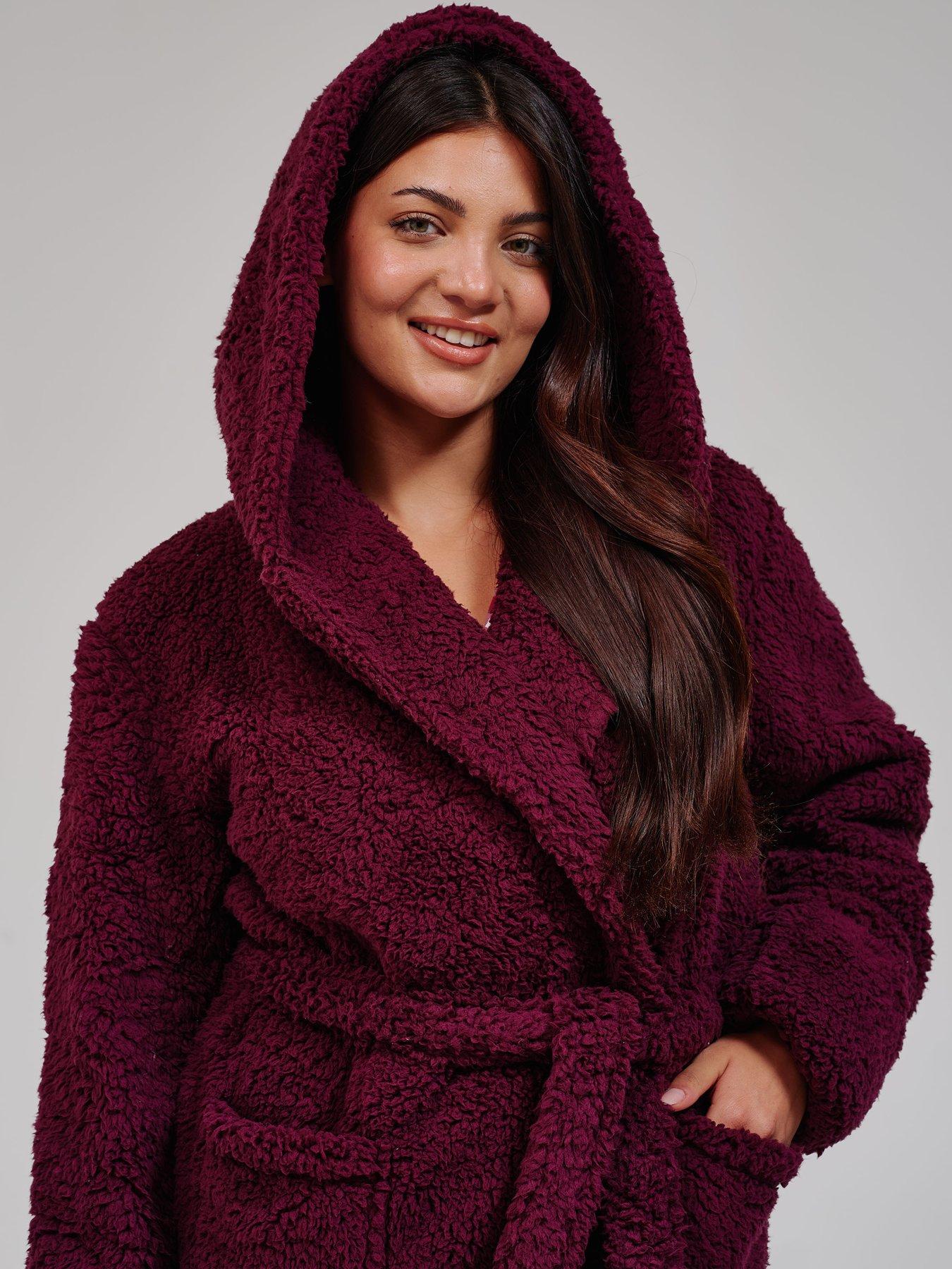 Image 4 of 5 of Loungeable Womens Chunky Sherpa Hooded Midi Dressing Gown - Purple