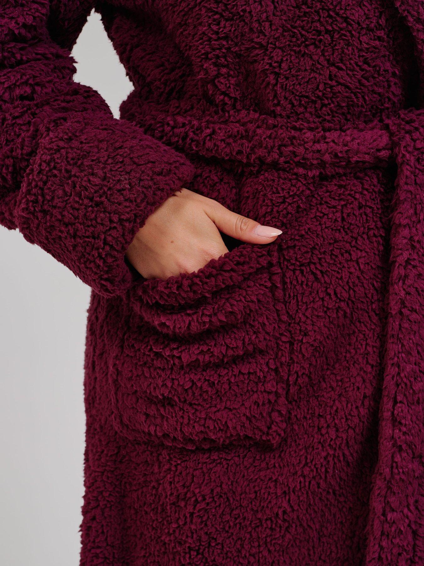 Image 5 of 5 of Loungeable Womens Chunky Sherpa Hooded Midi Dressing Gown - Purple