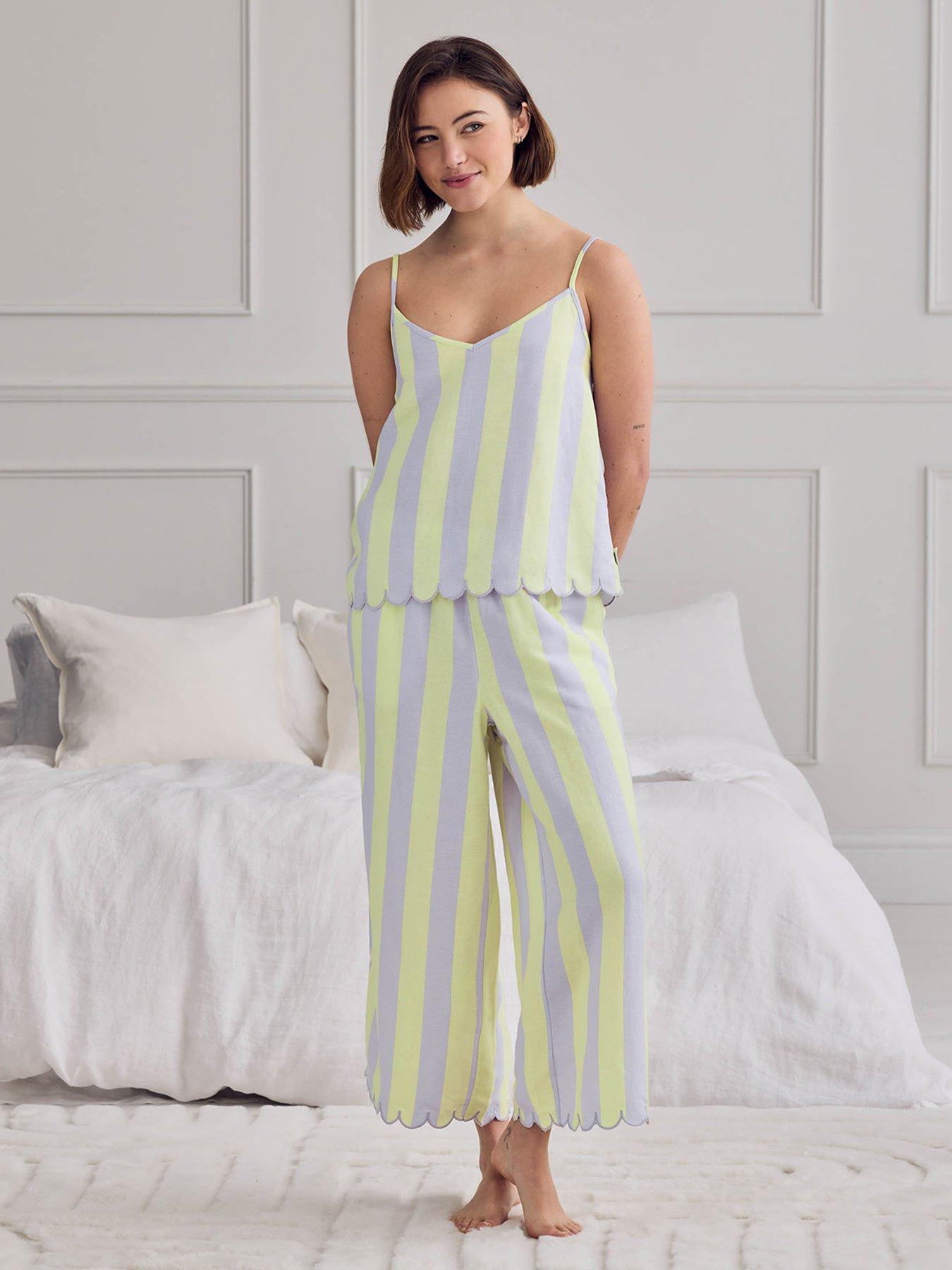 CHELSEA PEERS Chelsea Peers Linen Blend Scallop Edge Stripe Long Pyjama Set - Lilac - Orange