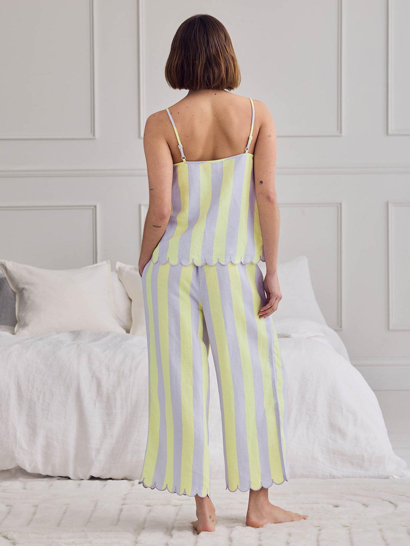 Image 2 of 6 of CHELSEA PEERS Linen Blend Scallop Edge Stripe Long Pyjama Set - Lilac