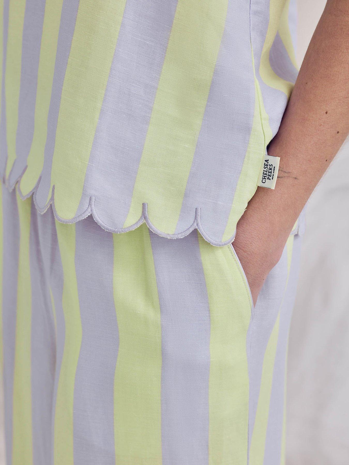 Image 6 of 6 of CHELSEA PEERS Linen Blend Scallop Edge Stripe Long Pyjama Set - Lilac