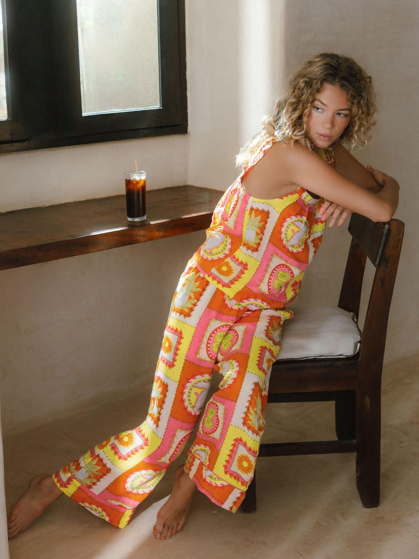 CHELSEA PEERS Linen Blend Tropical Patchwork Print Frill Cami Long Pyjama Set - Multi