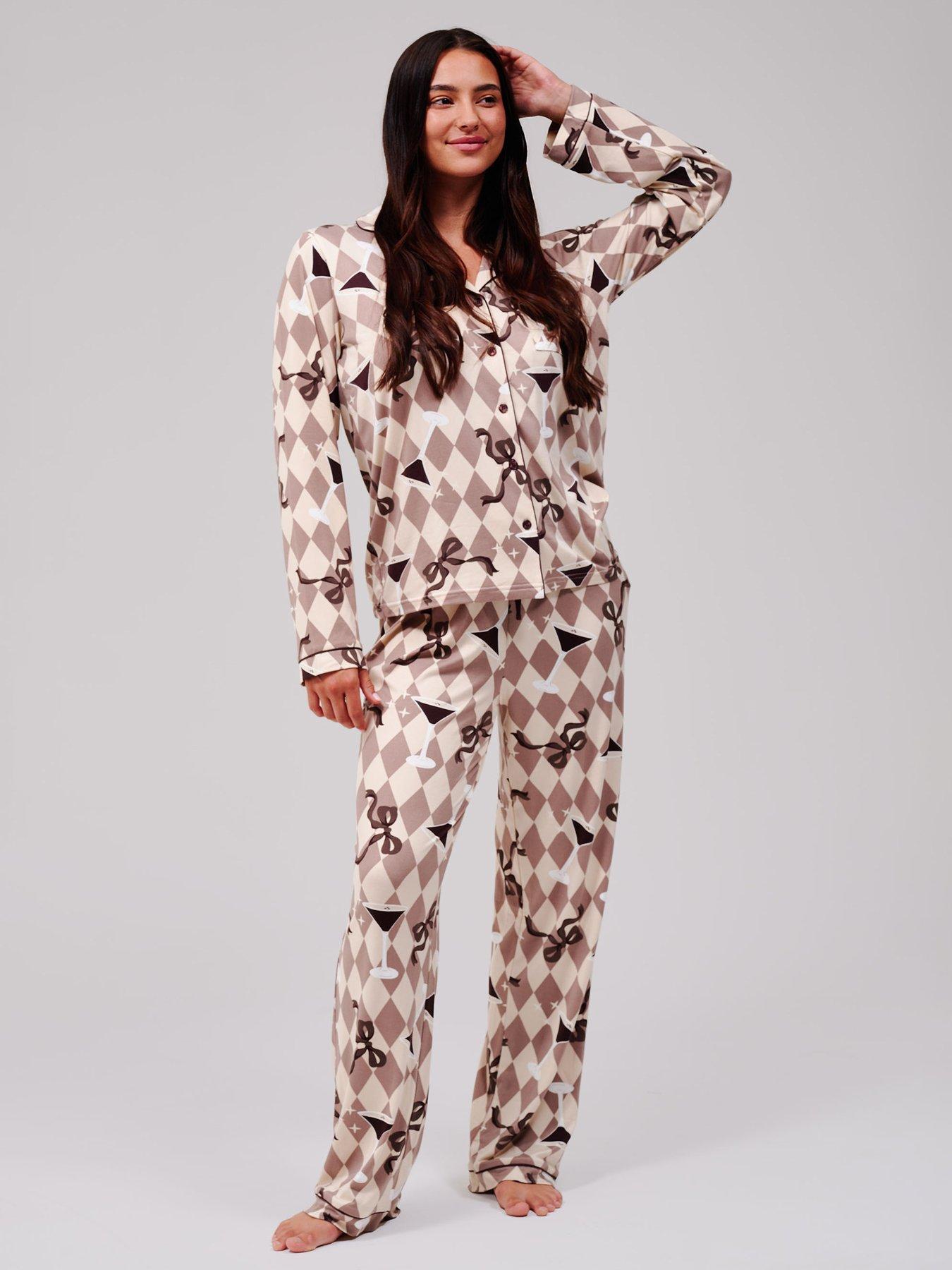 Loungeable Espresso Martini Long Sleeved Button Down Traditional Pyjama Set, Brown, Size L, Women