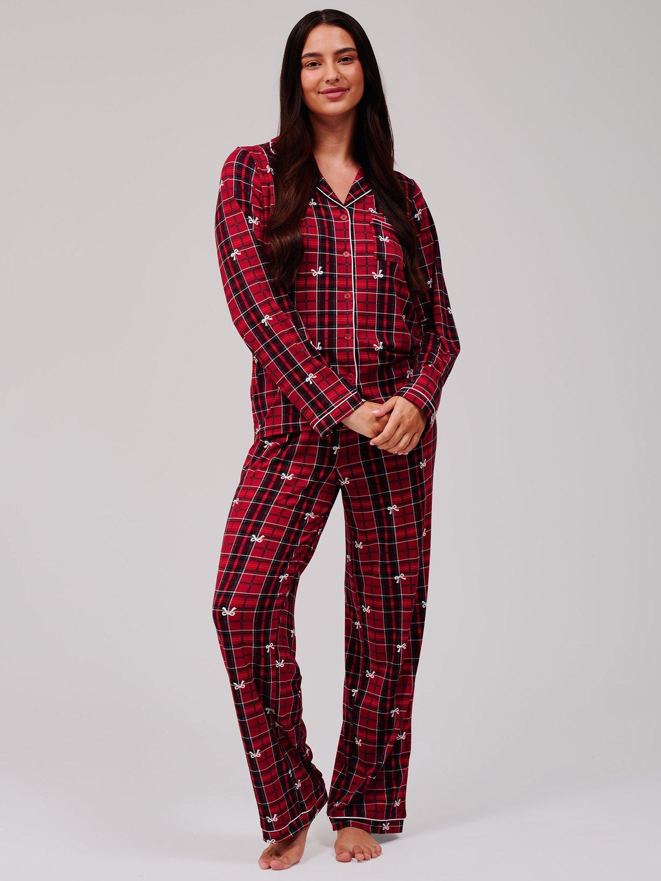 Loungeable Bow Check Long Sleeved Button Down Traditional Pyjama Set - Red