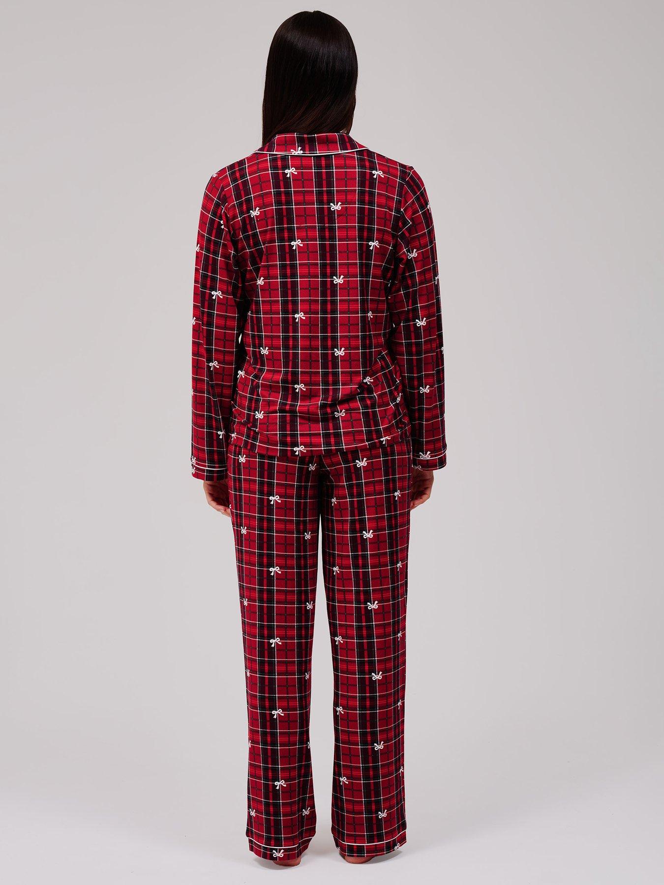 Image 2 of 5 of Loungeable Bow Check Long Sleeved Button Down Traditional Pyjama Set - Red