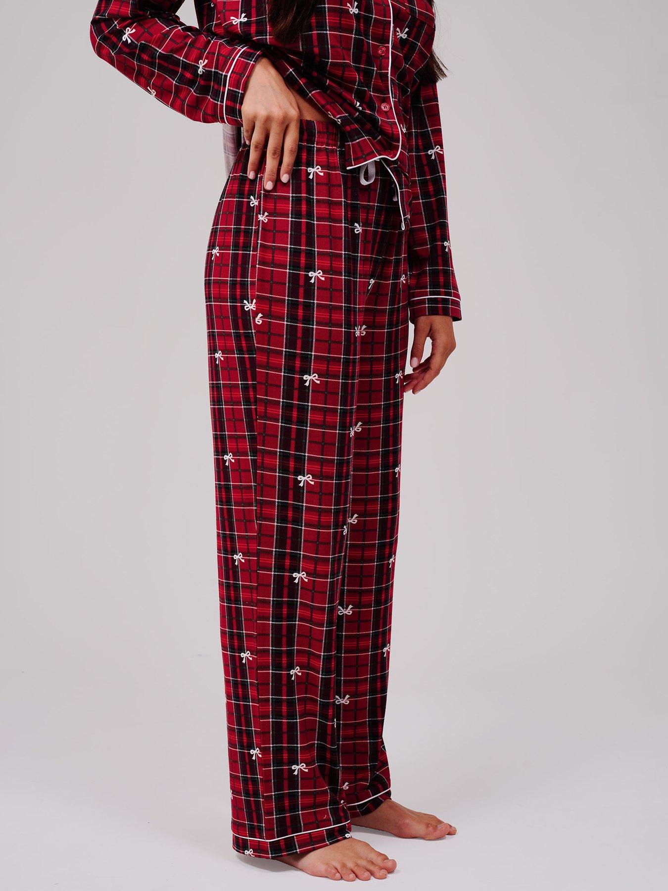 Image 3 of 5 of Loungeable Bow Check Long Sleeved Button Down Traditional Pyjama Set - Red