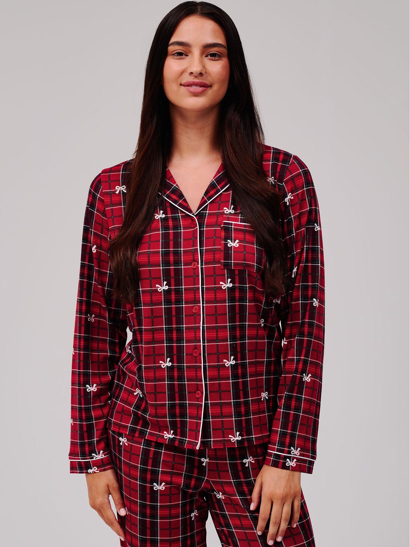 Image 4 of 5 of Loungeable Bow Check Long Sleeved Button Down Traditional Pyjama Set - Red