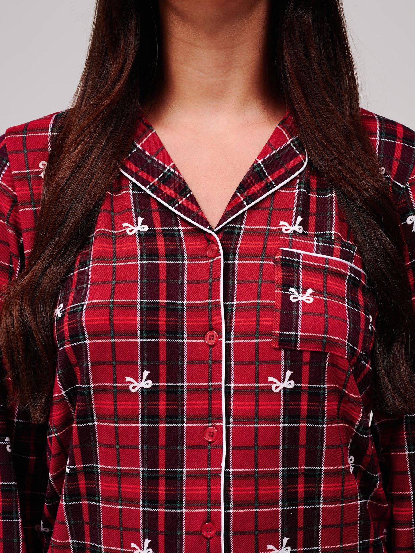 Image 5 of 5 of Loungeable Bow Check Long Sleeved Button Down Traditional Pyjama Set - Red