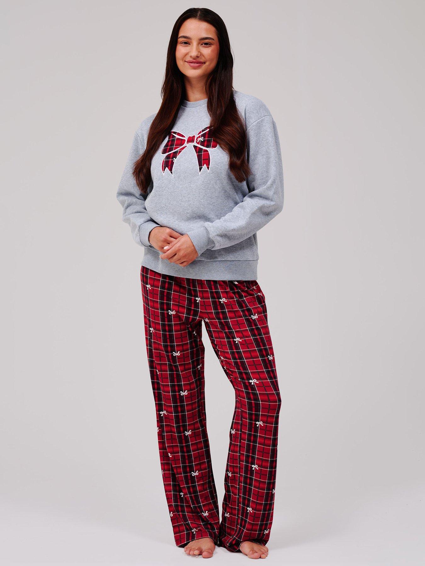 Image 1 of 5 of Loungeable Bow Sweatshirt &amp; Bow Check Jersey Pyjama Set - Multi