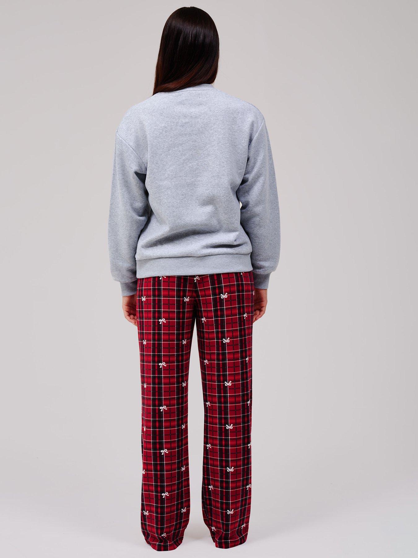 Image 2 of 5 of Loungeable Bow Sweatshirt &amp; Bow Check Jersey Pyjama Set - Multi