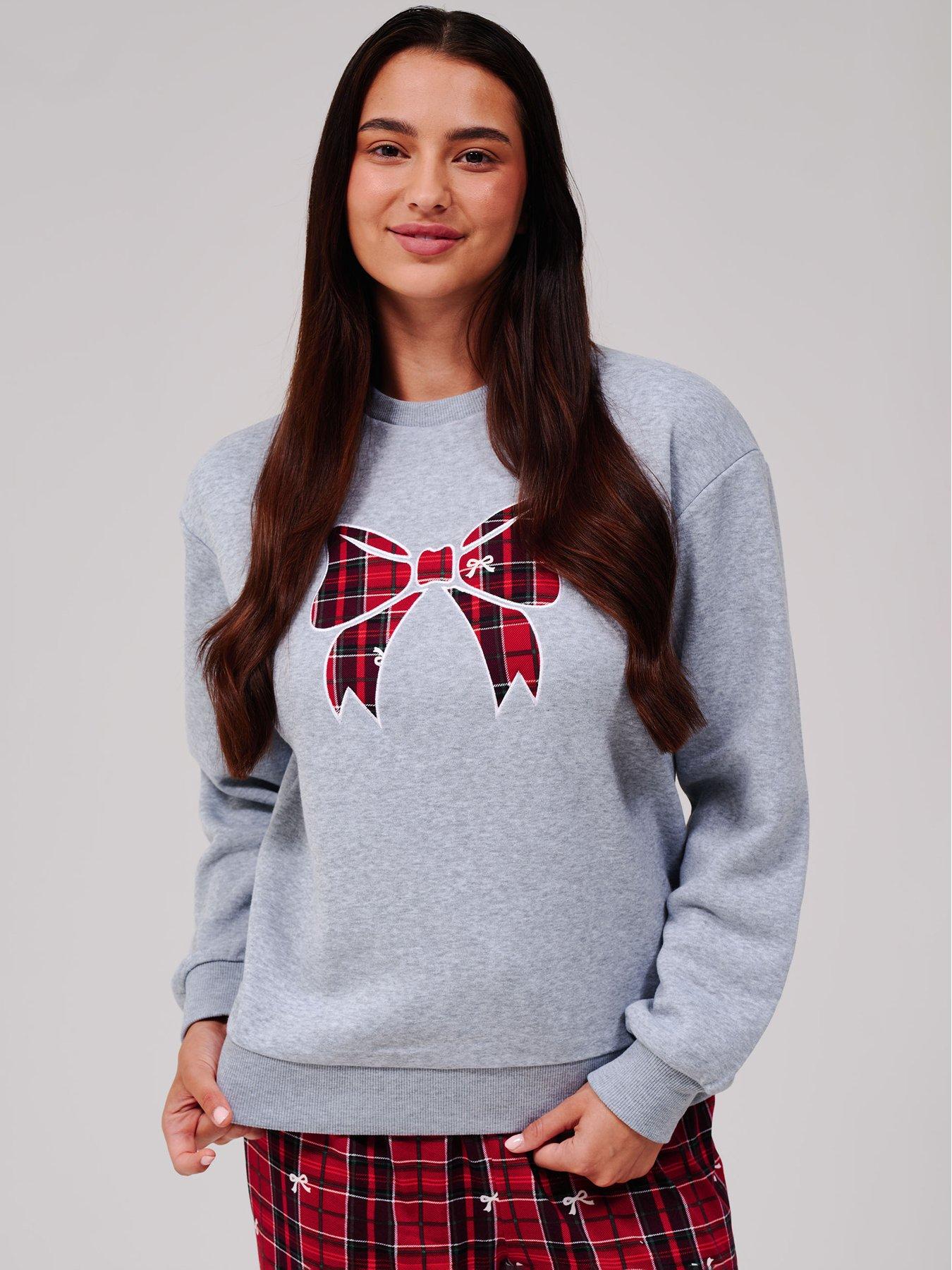 Image 3 of 5 of Loungeable Bow Sweatshirt &amp; Bow Check Jersey Pyjama Set - Multi
