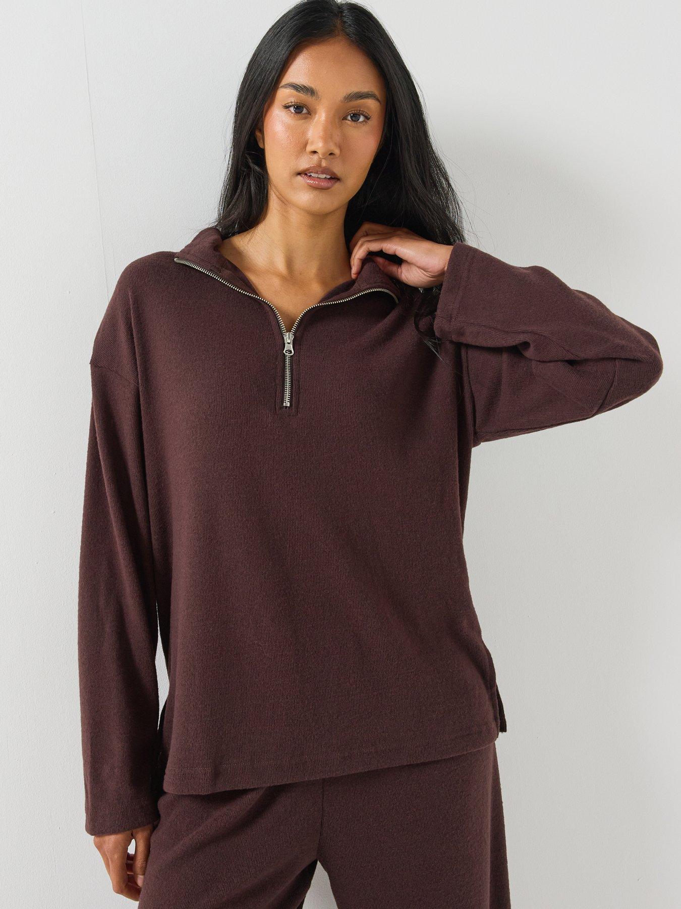 Image 1 of 6 of Loungeable Soft 1/4 Knit Top And Trouser Set - Dark Brown