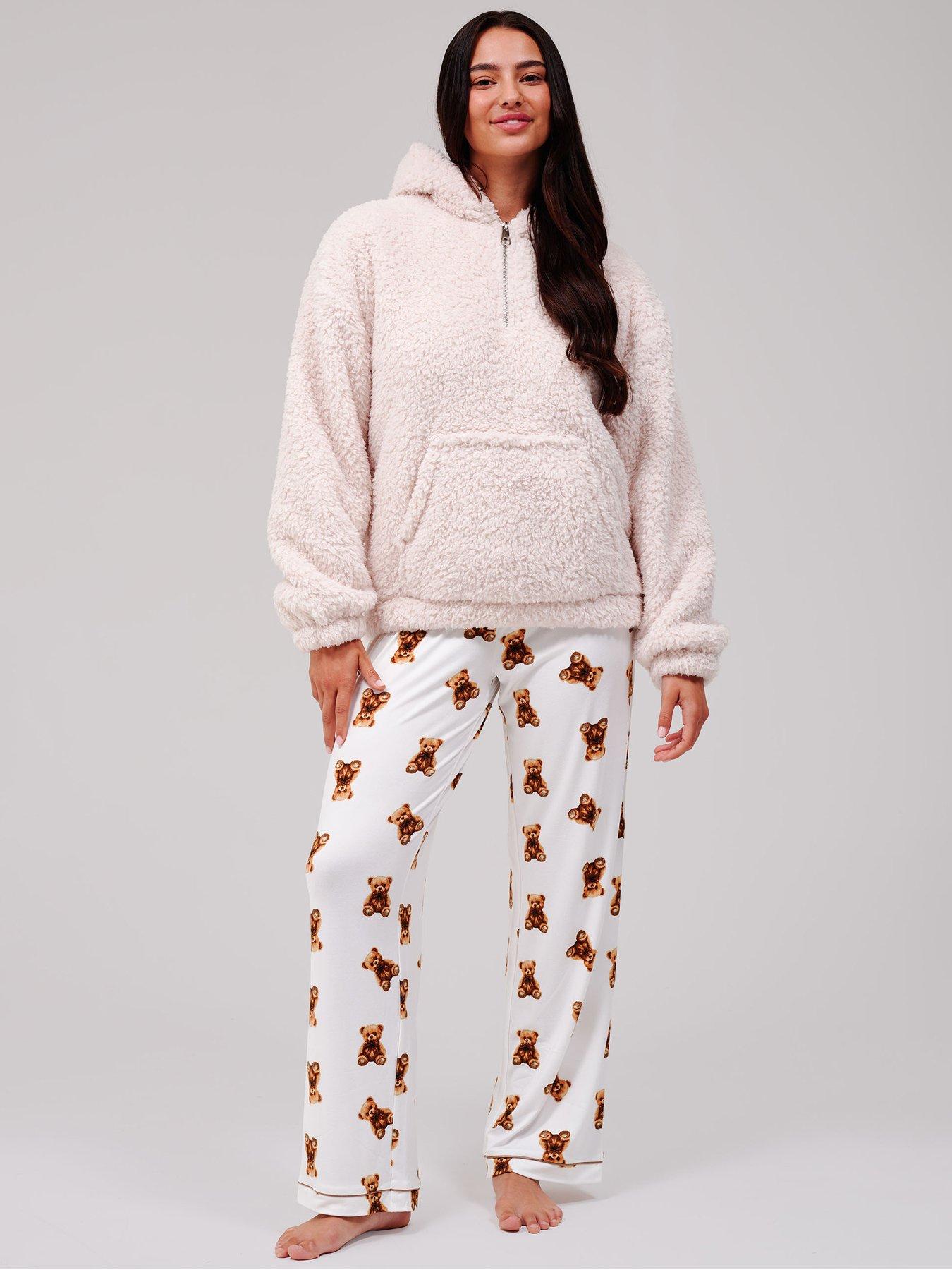 Image 1 of 5 of Loungeable Borg Quarter Zip Hoodie - Cream