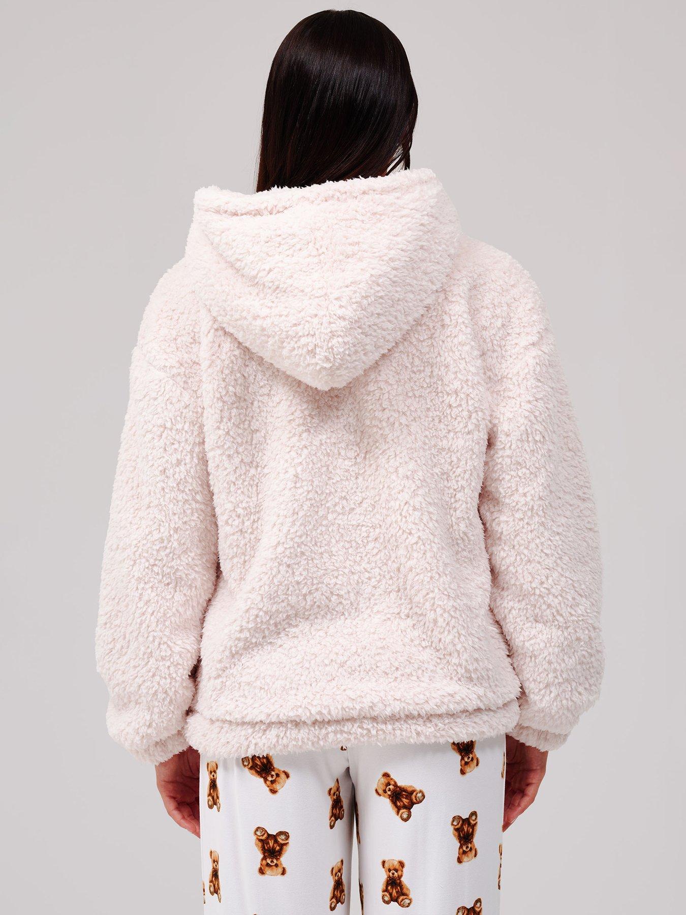 Image 2 of 5 of Loungeable Borg Quarter Zip Hoodie - Cream