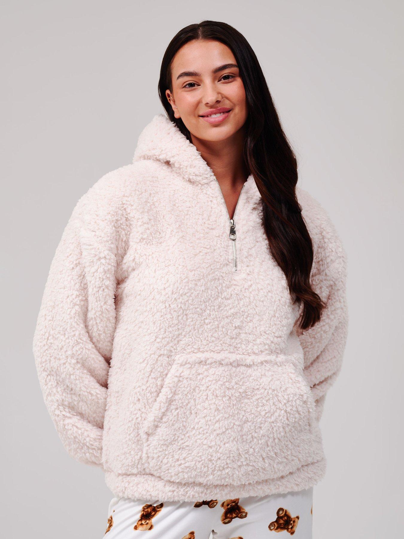 Image 4 of 5 of Loungeable Borg Quarter Zip Hoodie - Cream