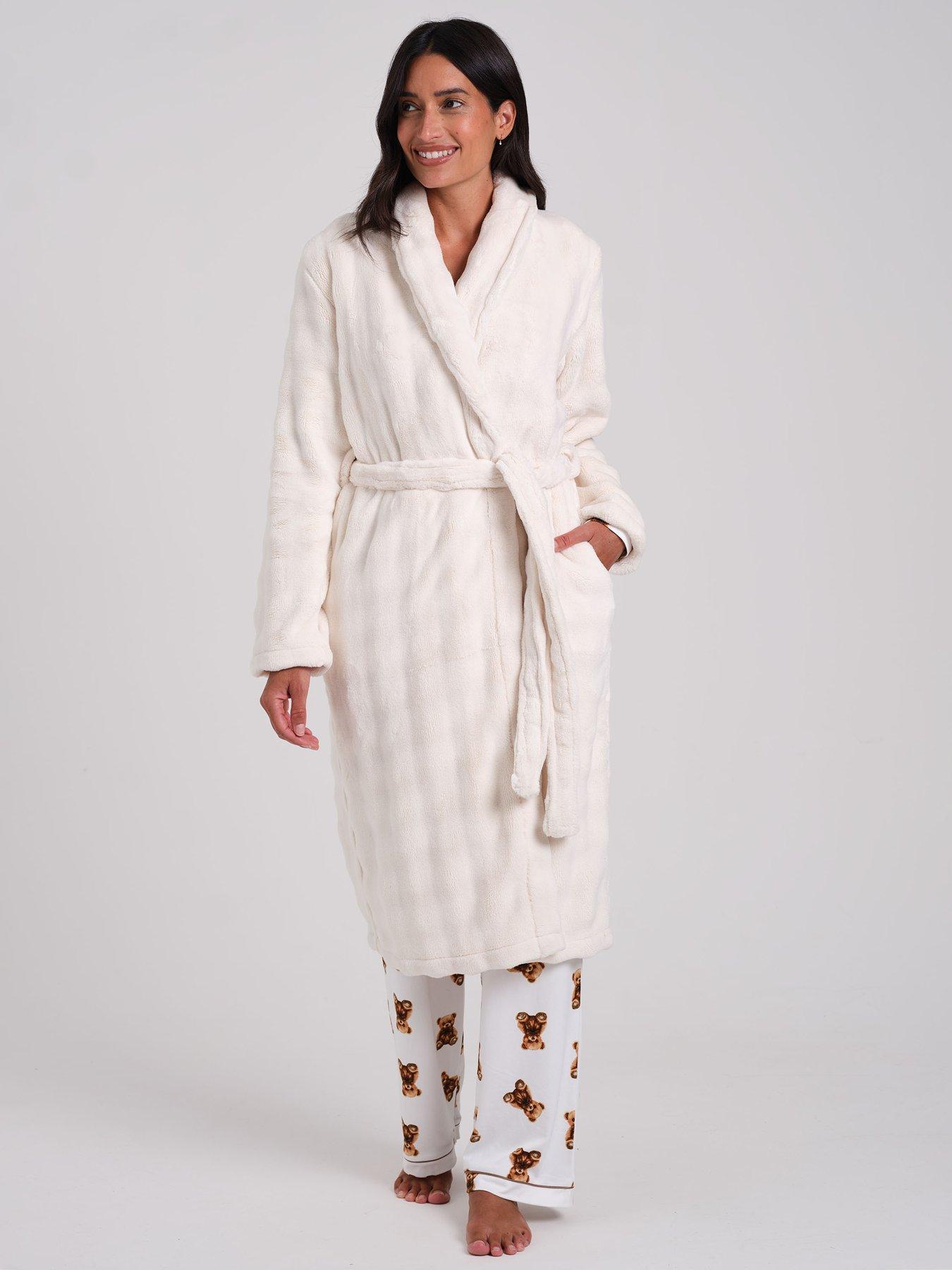 Loungeable Luxury Bubble Fleece Midi Shawl Dressing Gown, Cream, Size M, Women