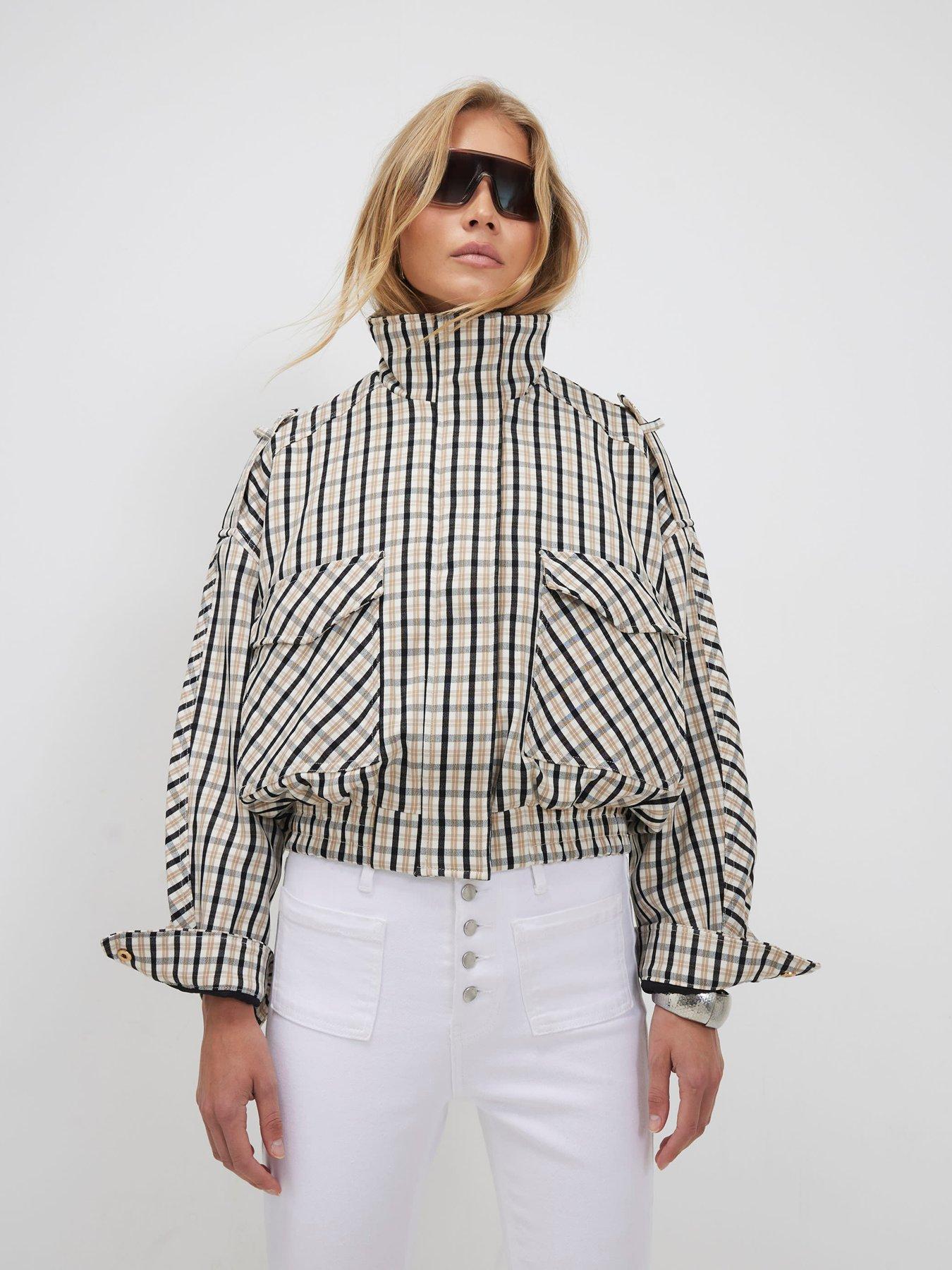 Image 1 of 6 of River Island Check Funnel Bomber - Cream