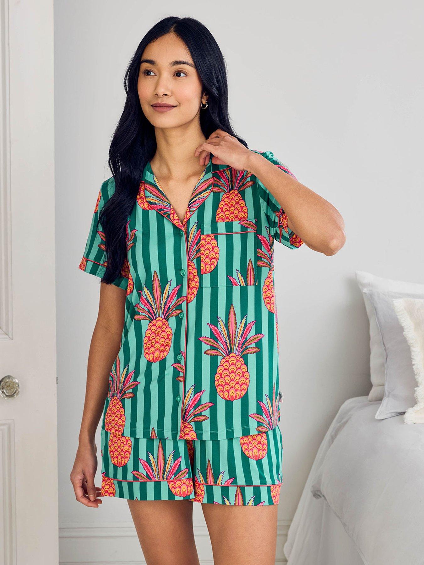 CHELSEA PEERS Pineapple Stripe Print Short Pyjama Set - Turquoise
