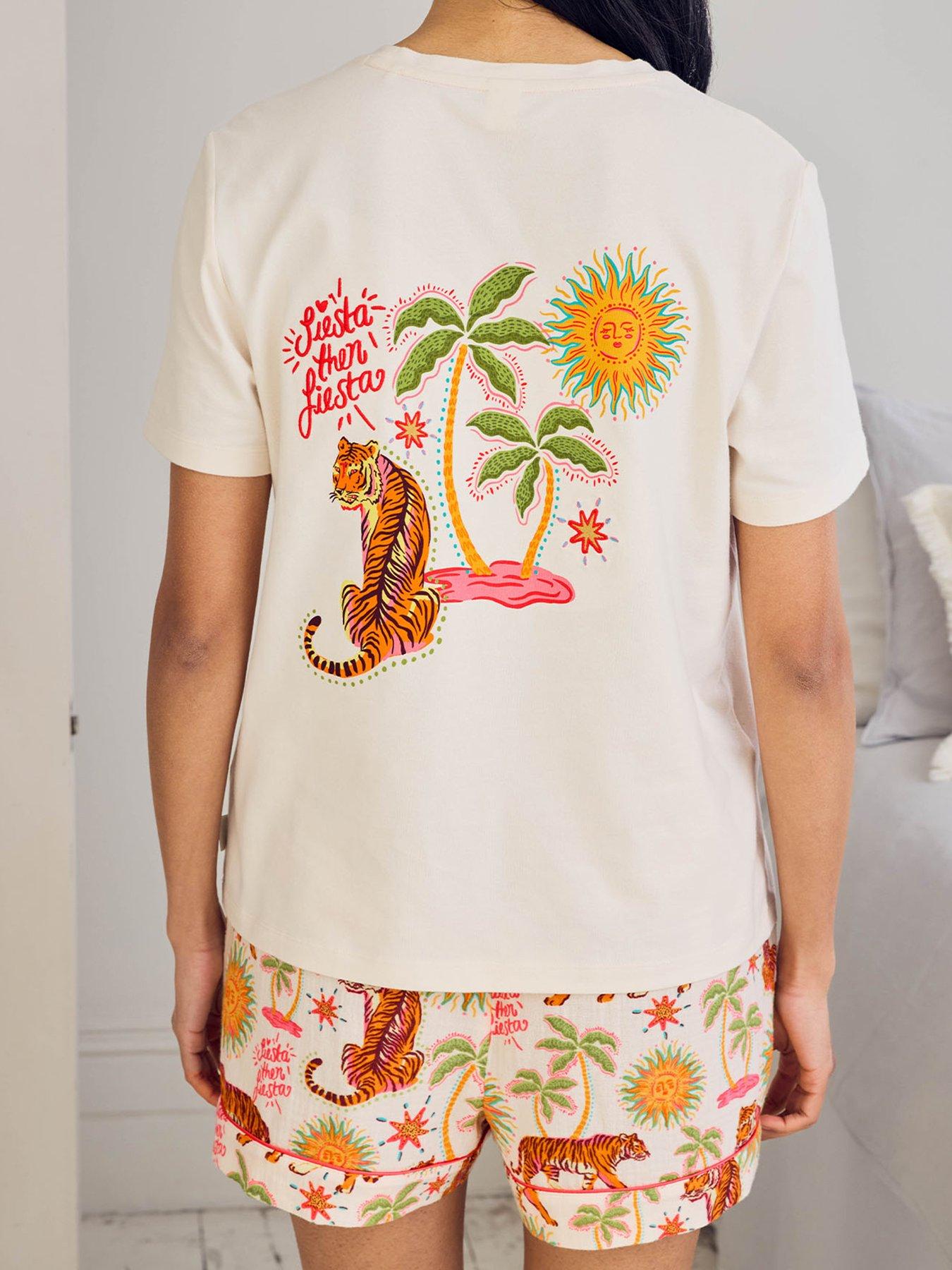 Image 4 of 6 of CHELSEA PEERS Cotton Siesta Tiger Print Short Pyjama Set - Off White