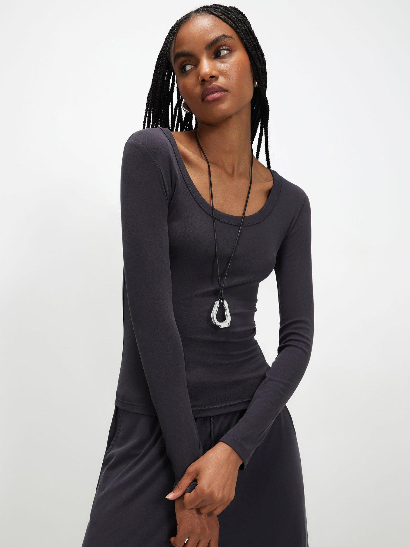 Image 1 of 5 of River Island Long Sleeve Soft Touch Scoop Neck Top Coord - Grey
