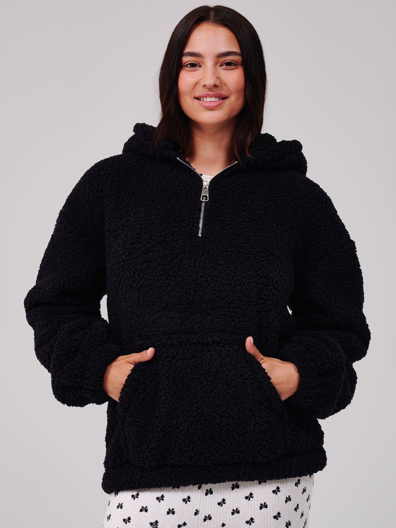 Image 1 of 5 of Loungeable Borg Quarter Zip Hoodie - Black