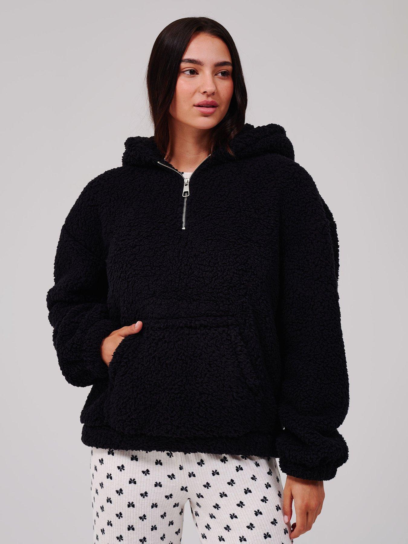 Image 4 of 5 of Loungeable Borg Quarter Zip Hoodie - Black