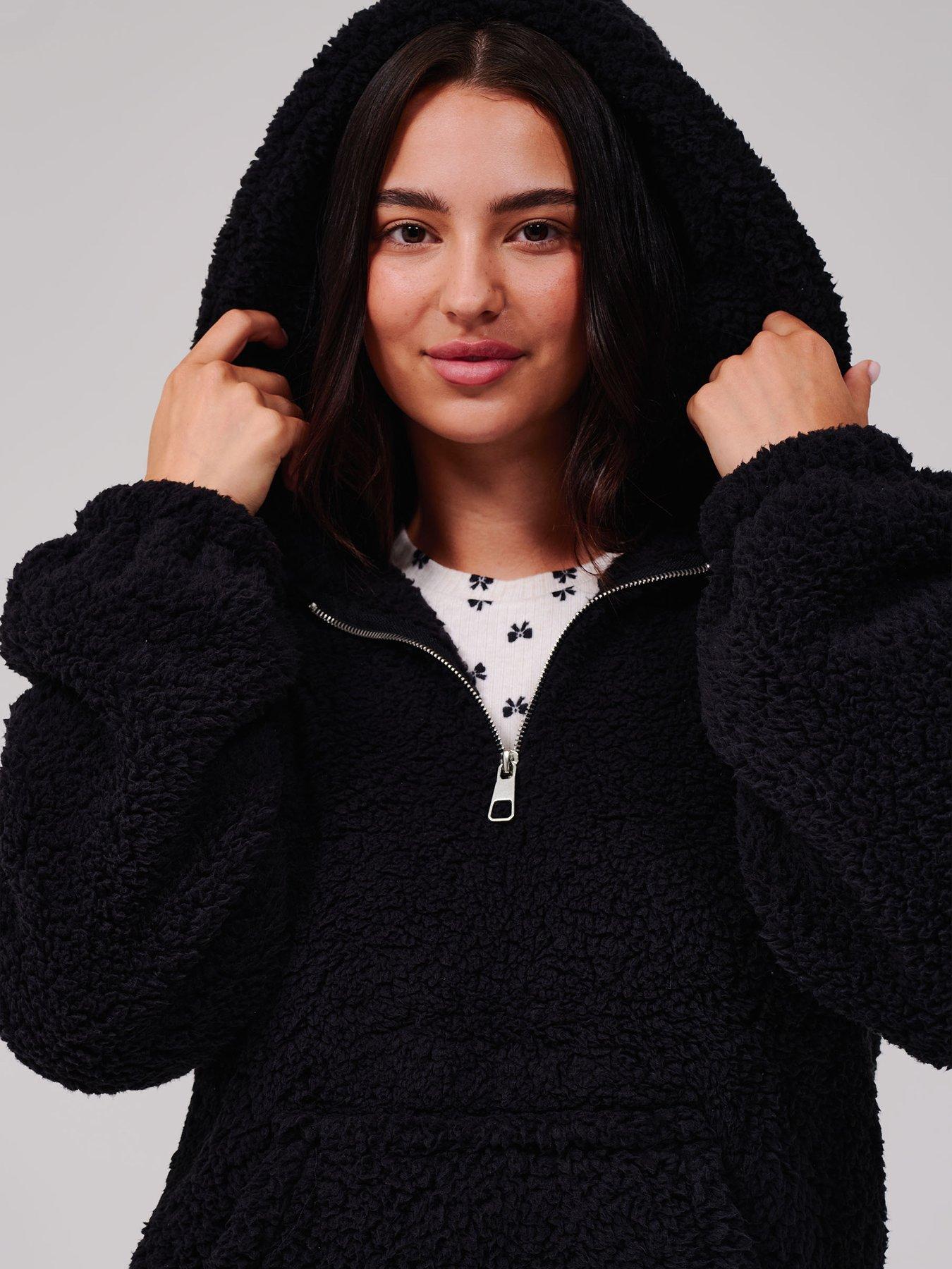 Image 5 of 5 of Loungeable Borg Quarter Zip Hoodie - Black