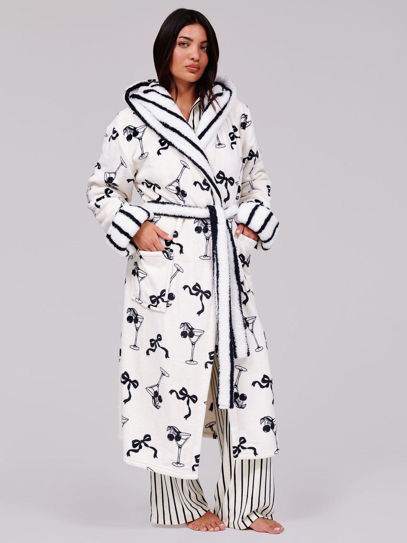 Loungeable Martini Bow Printed Flannel Fleece Midi Robe with Stripe Contrast Trim, Multi, Size S, Women