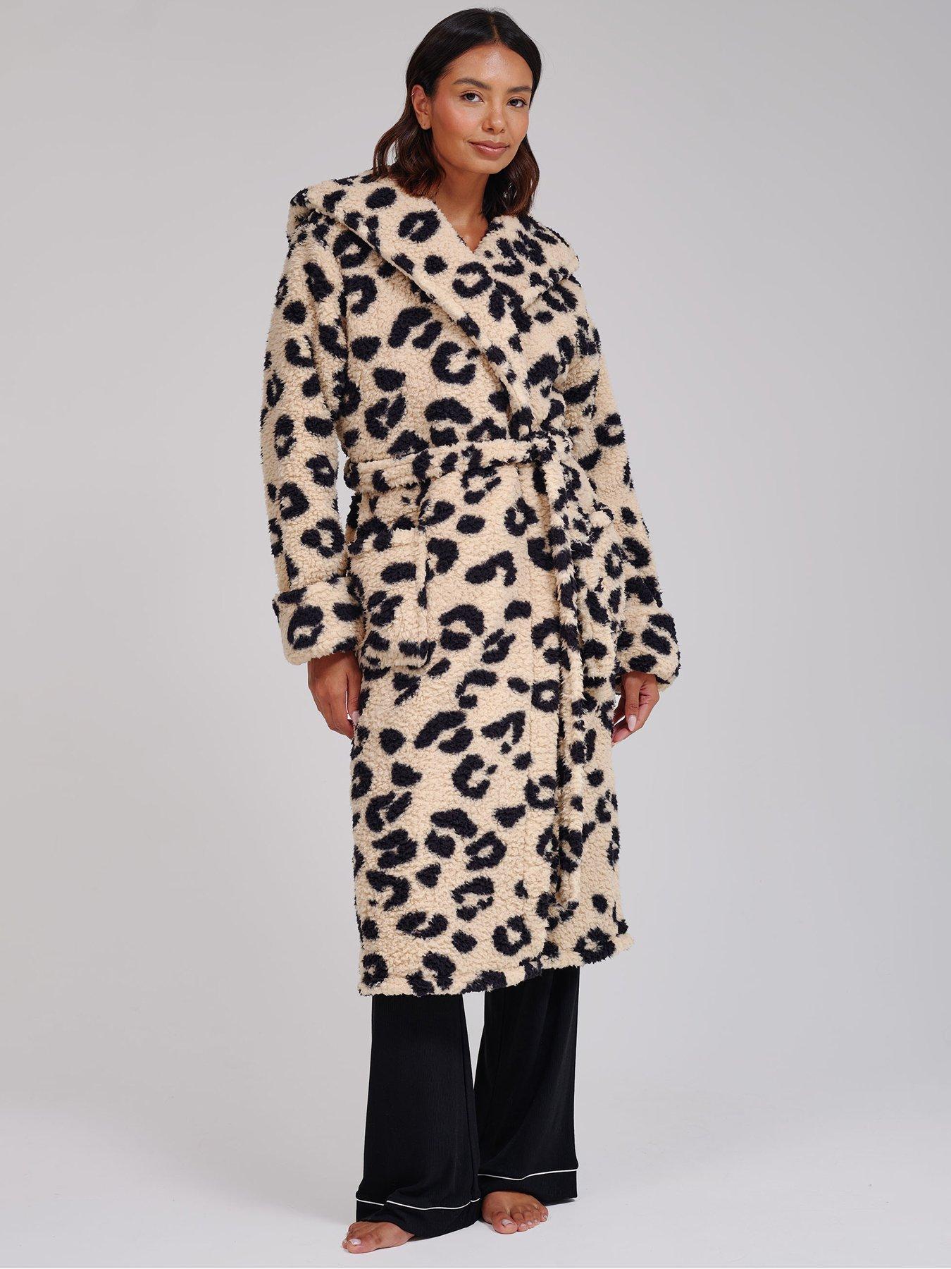 Image 1 of 5 of Loungeable Chunky Sherpa Leopard Print Hooded Midi Robe - Multi