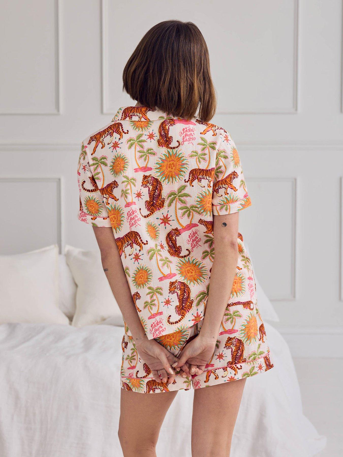Image 2 of 7 of CHELSEA PEERS Cotton Cheesecloth Siesta Tiger Print Short Button Up Pyjama Set - Off White