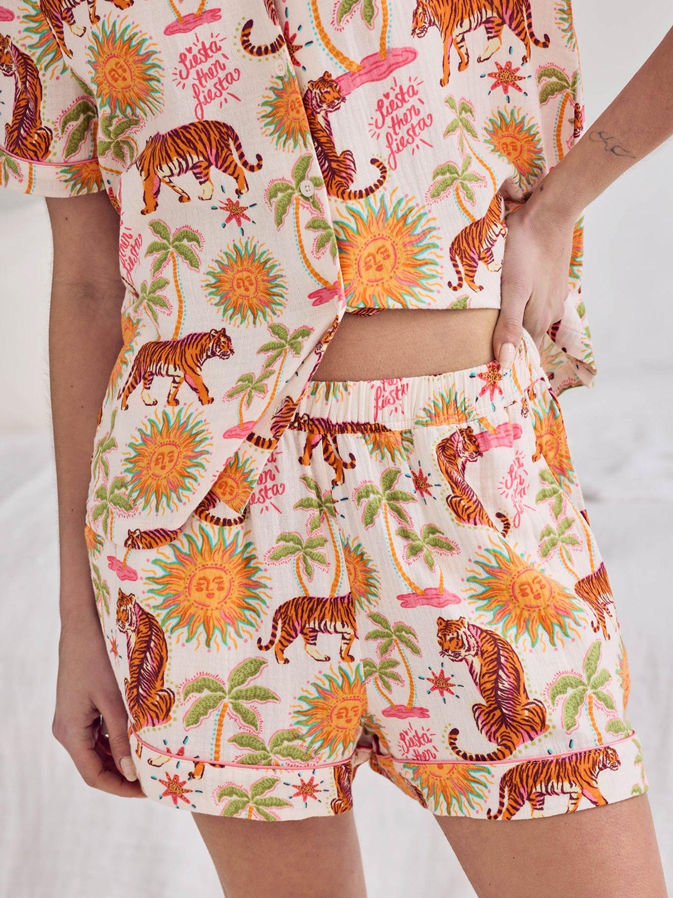 Image 5 of 7 of CHELSEA PEERS Cotton Cheesecloth Siesta Tiger Print Short Button Up Pyjama Set - Off White