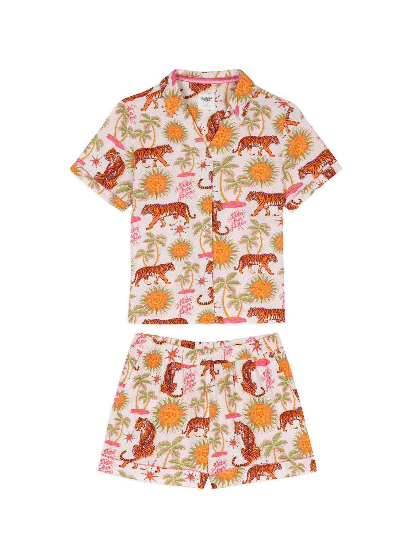 Image 6 of 7 of CHELSEA PEERS Cotton Cheesecloth Siesta Tiger Print Short Button Up Pyjama Set - Off White