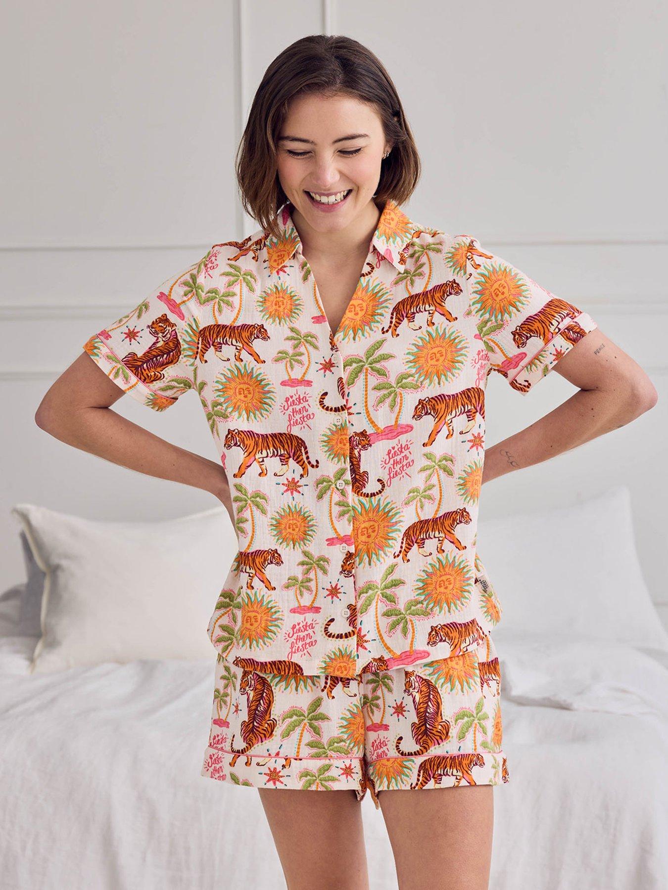 Image 7 of 7 of CHELSEA PEERS Cotton Cheesecloth Siesta Tiger Print Short Button Up Pyjama Set - Off White