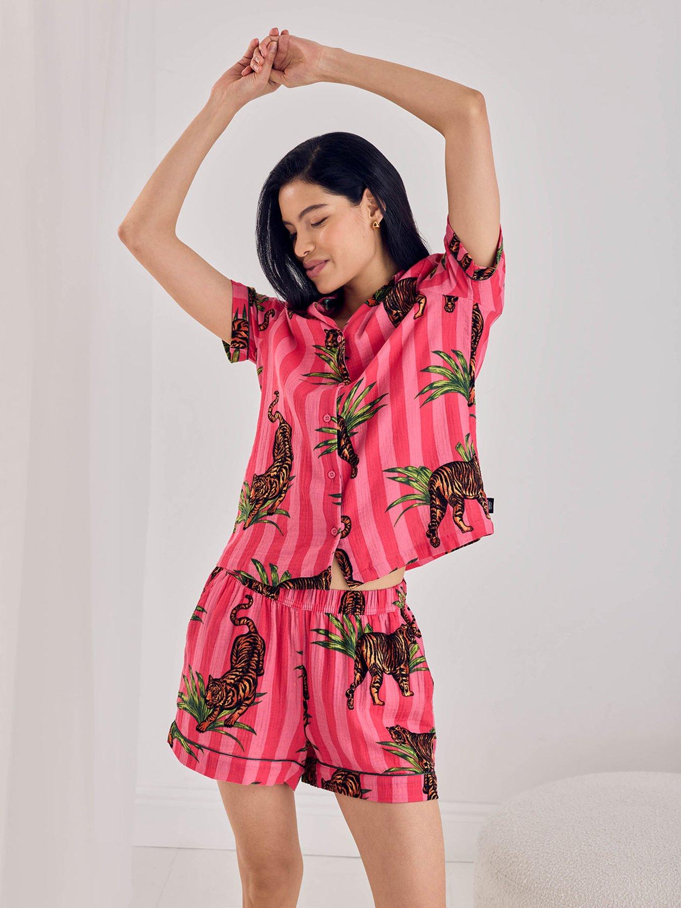 CHELSEA PEERS Chelsea Peers Cotton Leaf Tiger Stripe Print Short Pyjama Set - Pink