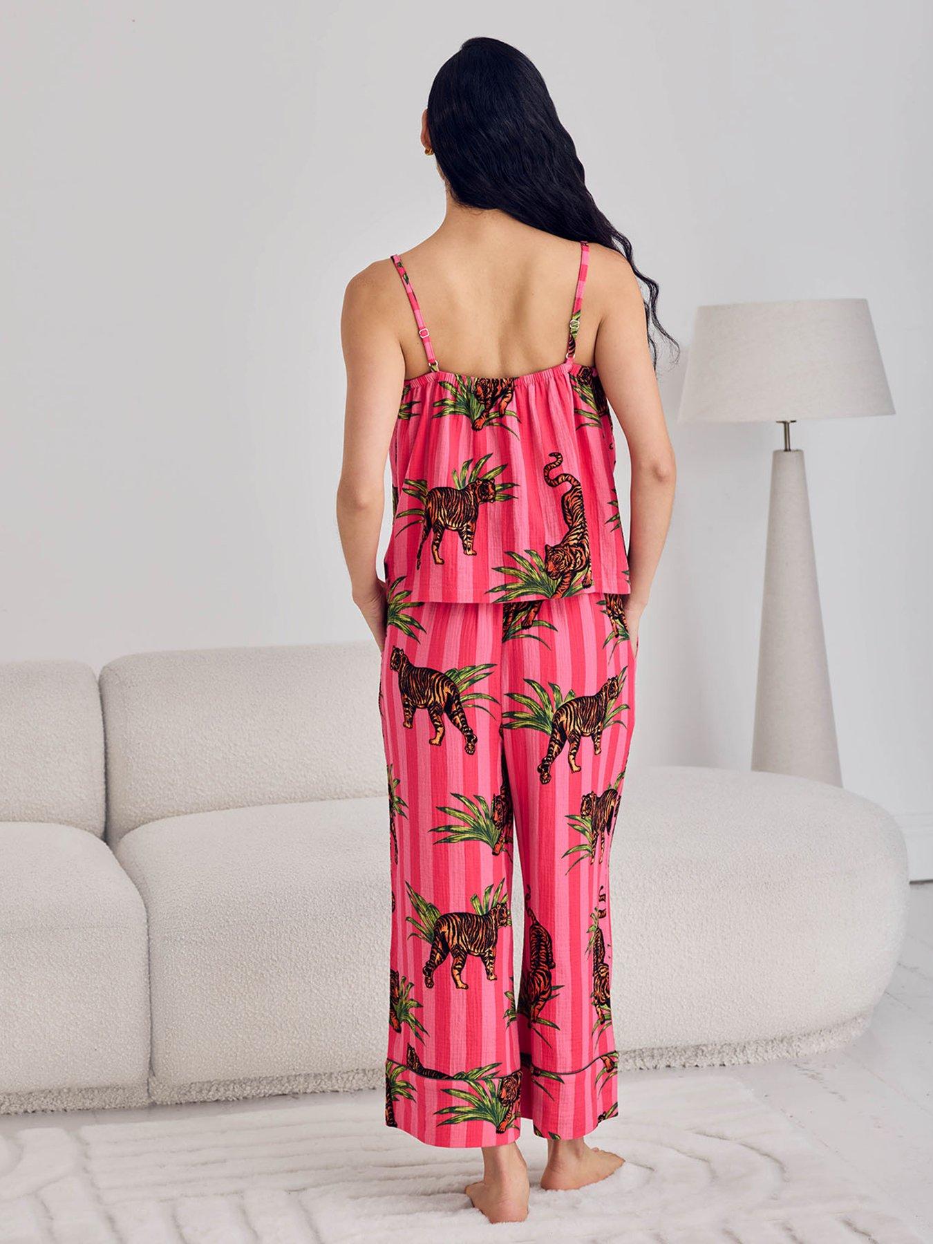 Image 2 of 7 of CHELSEA PEERS Organic Cotton Cheesecloth Cottontiger Stripe Print Cami Long Pyjama Set - Pink