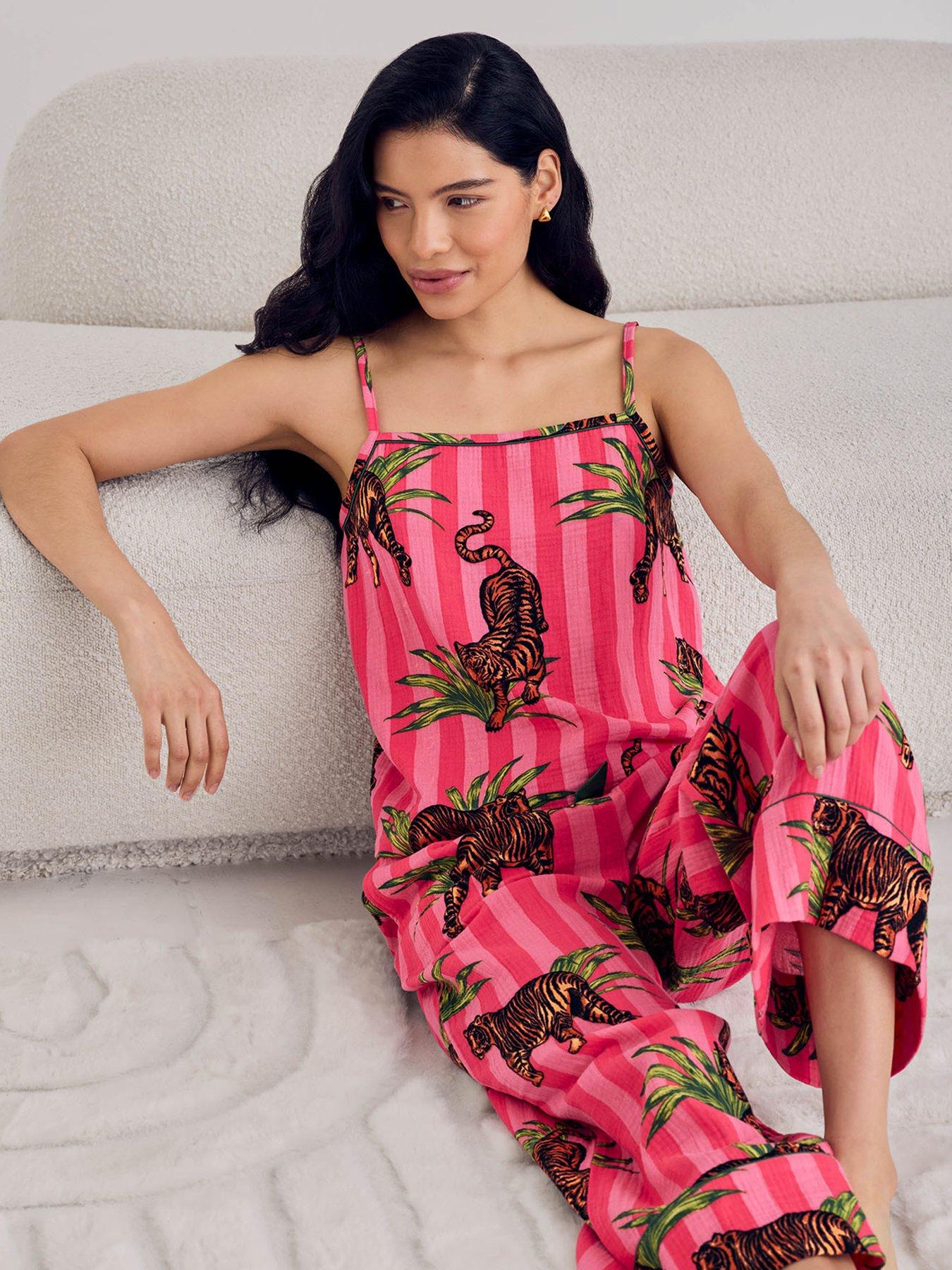 Image 3 of 7 of CHELSEA PEERS Organic Cotton Cheesecloth Cottontiger Stripe Print Cami Long Pyjama Set - Pink