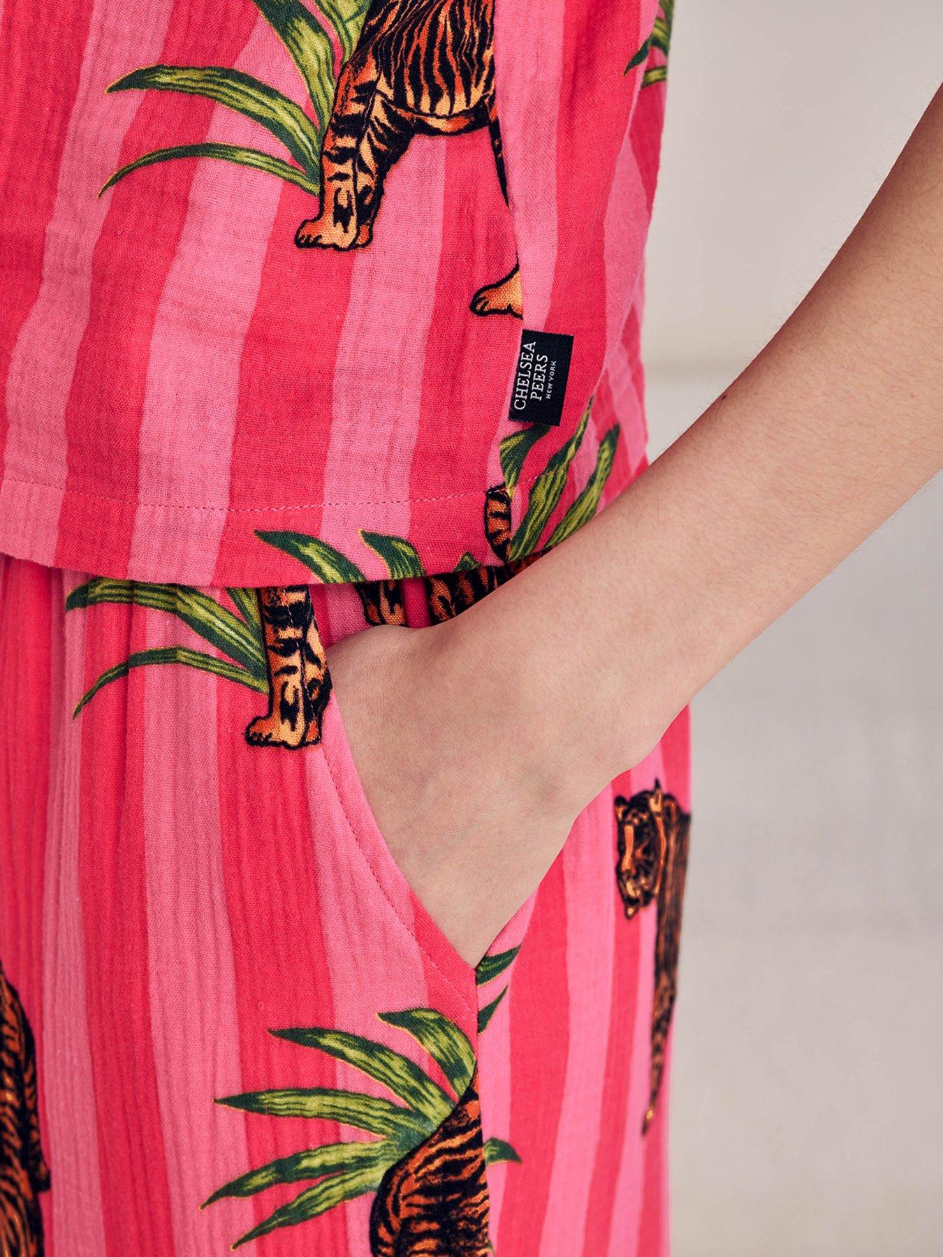 Image 5 of 7 of CHELSEA PEERS Organic Cotton Cheesecloth Cottontiger Stripe Print Cami Long Pyjama Set - Pink