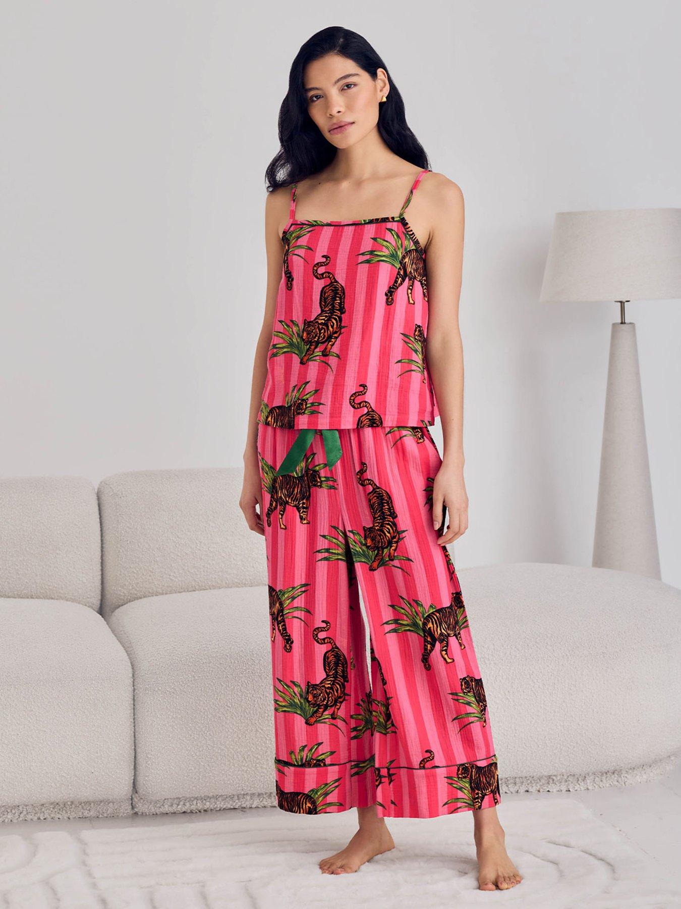 Image 7 of 7 of CHELSEA PEERS Organic Cotton Cheesecloth Cottontiger Stripe Print Cami Long Pyjama Set - Pink