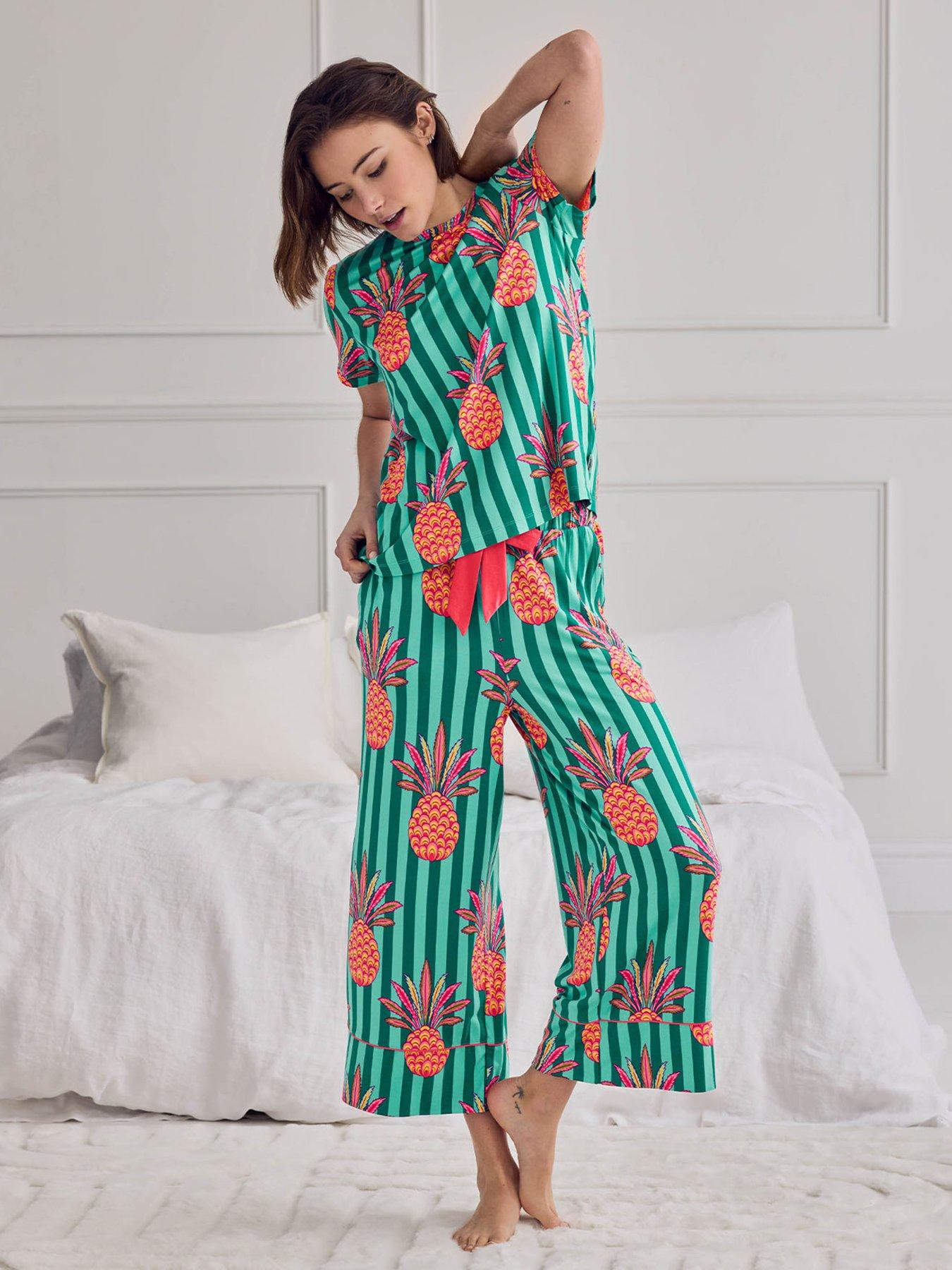 CHELSEA PEERS Pineapple Stripe Print Long Pyjama Set - Turquoise