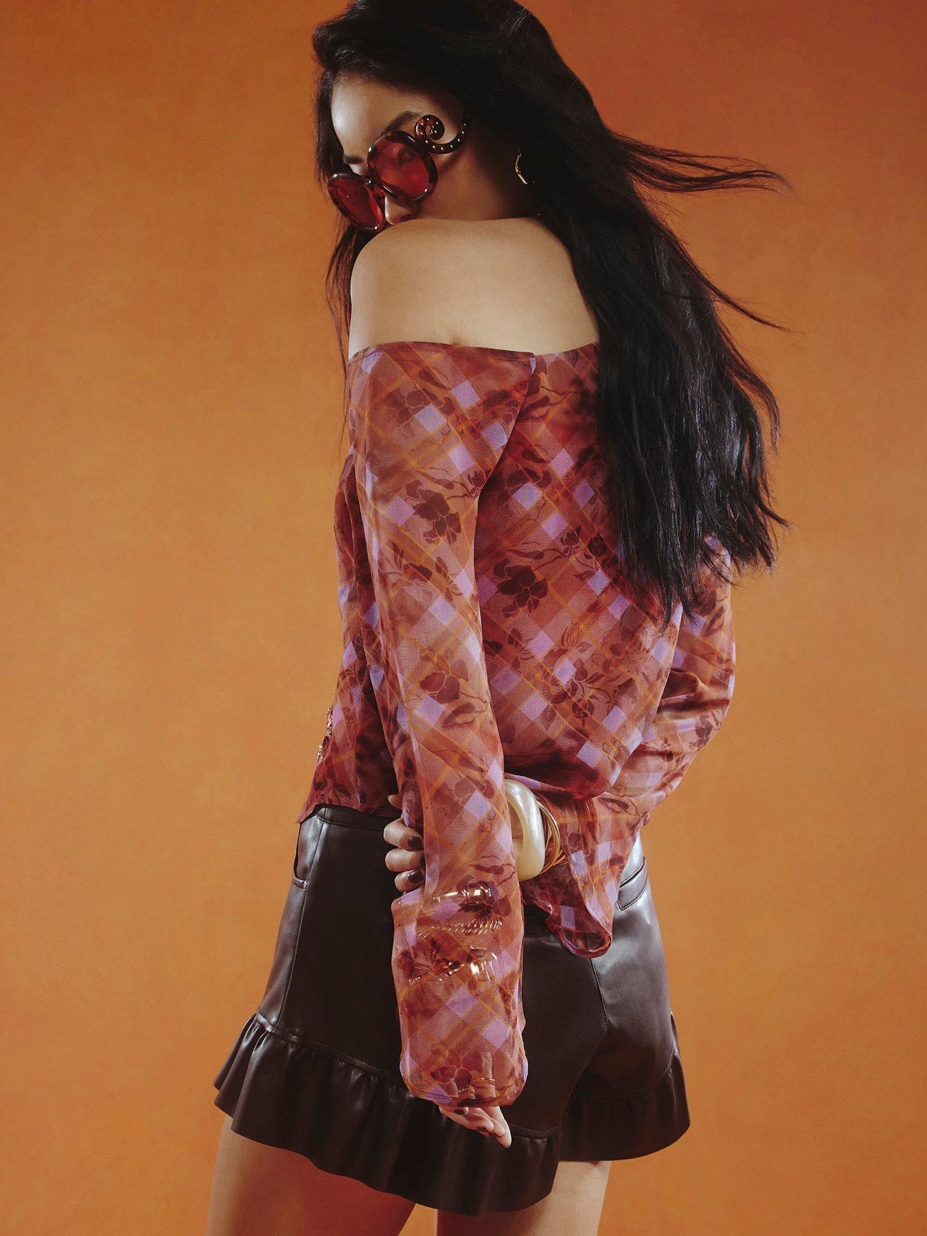 Image 2 of 4 of River Island Women's Check Embellished Asymmetric Top - Brown