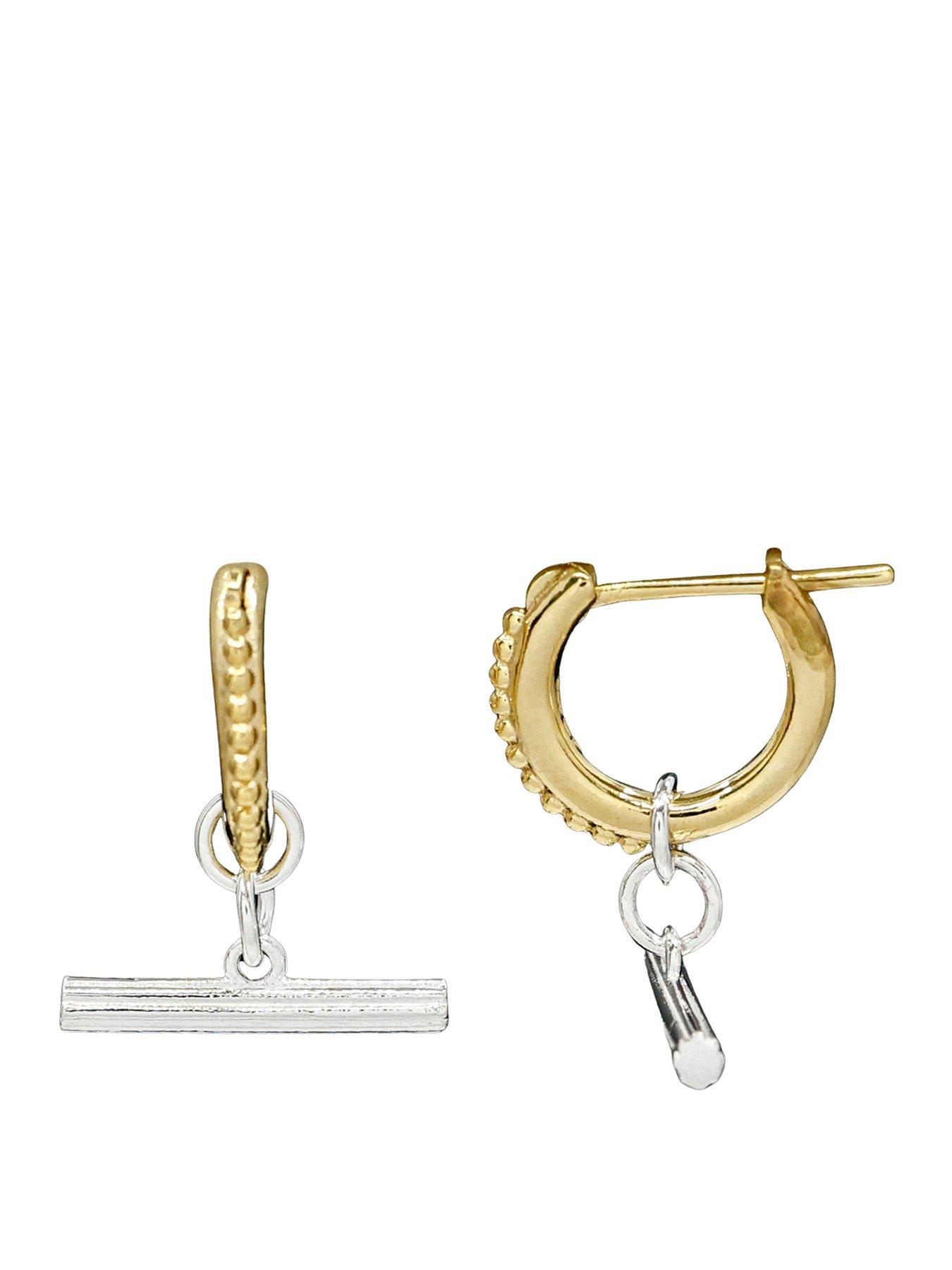 The Edit HS T-Bar 18Ct Plate  &  Sterling Silver Textured T-Bar Drop Hoop Earrings - Gold